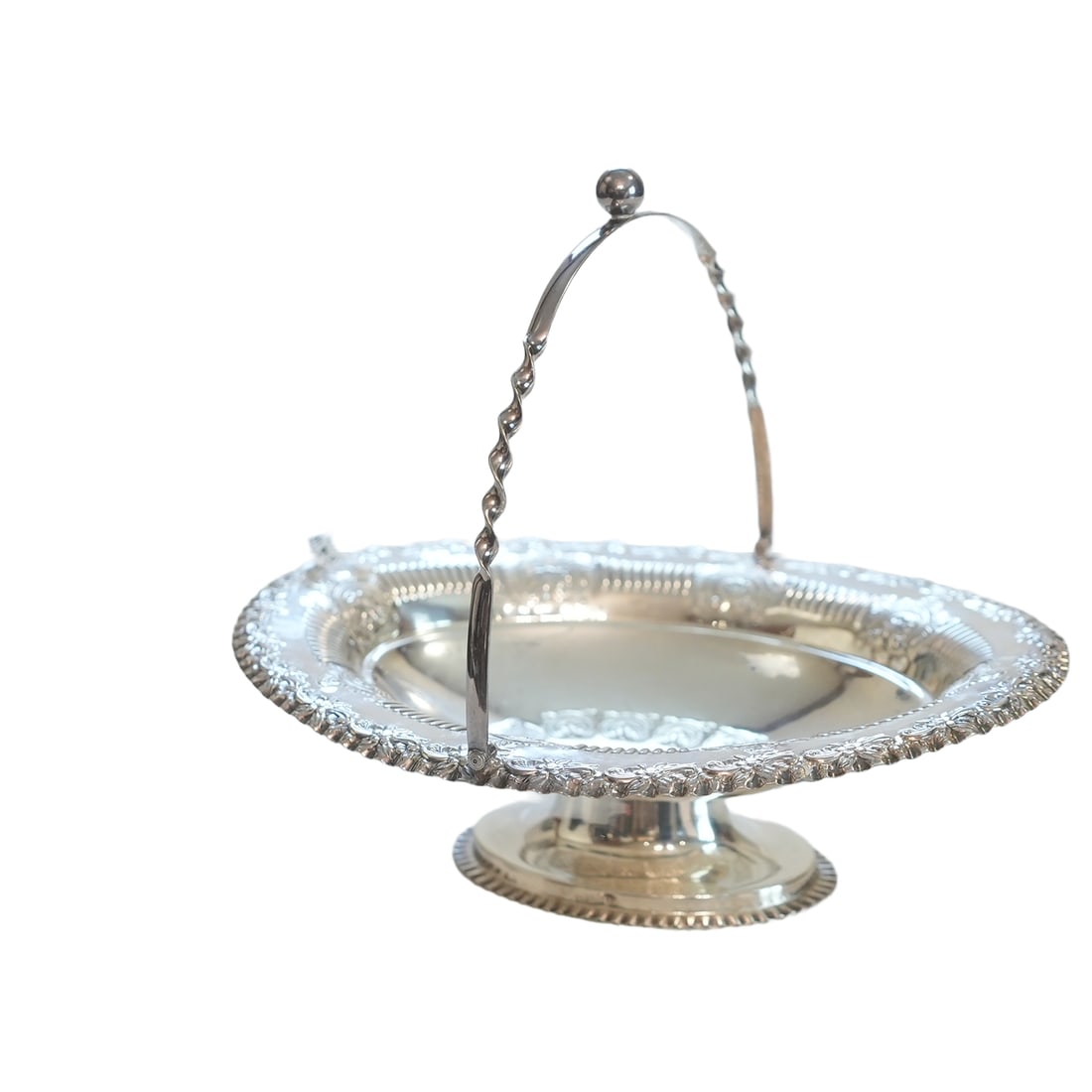 Electroplate Silver Cake Basket: Silver Cake Basket, Electroplated, with handle and floral design