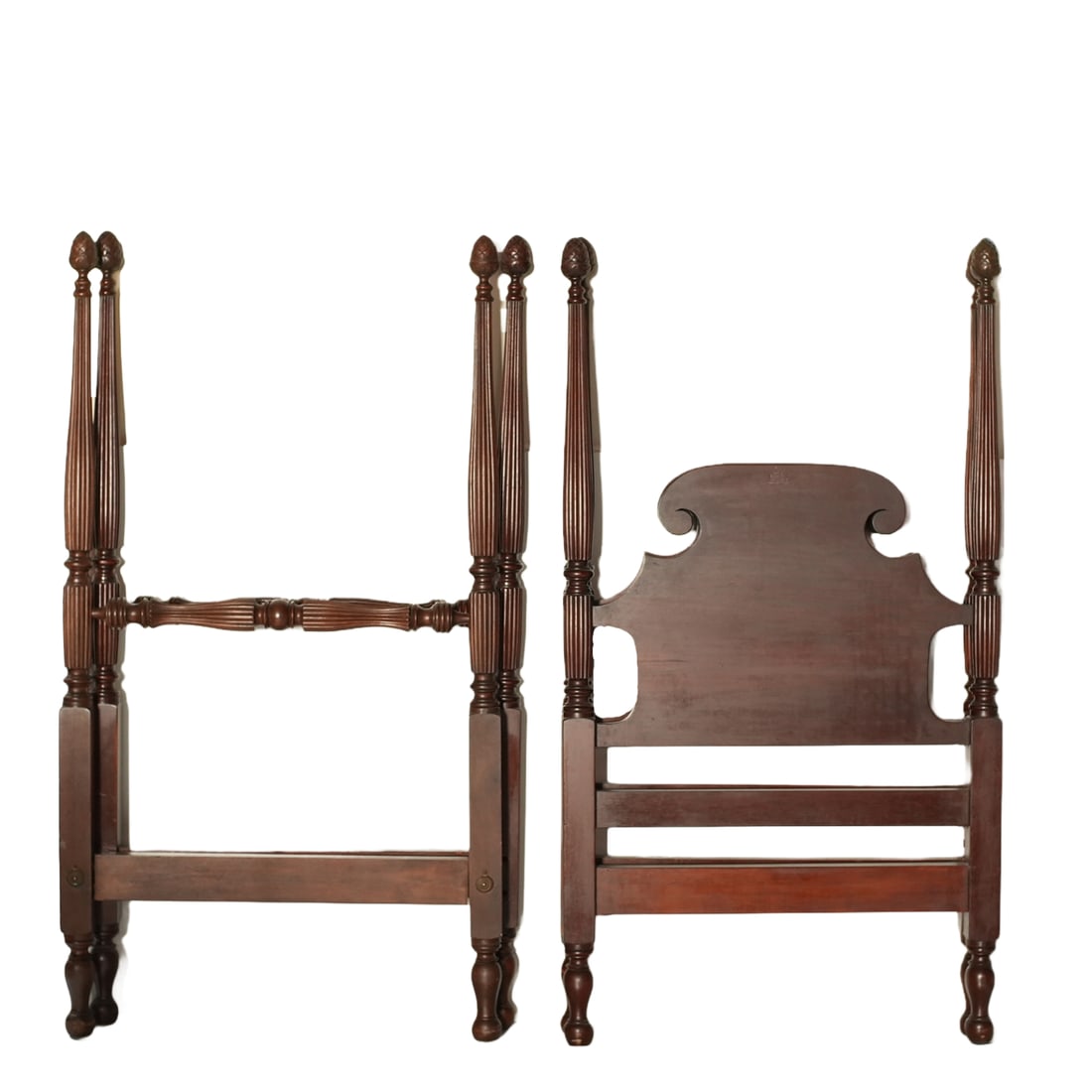 Pair of Reeded Post Twin Beds: Pair of Reeded Post Twin Beds, Carved Headboards, Pineapple Finials. 64" high, 42" wide, 72" long