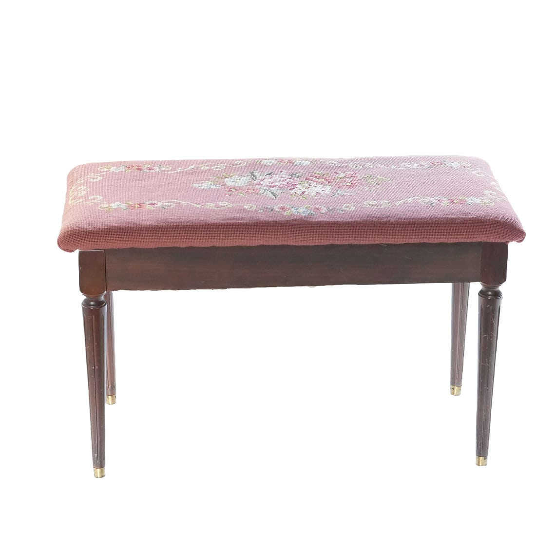 Needlepoint Piano Bench: Needlepoint Piano Bench with Lift Top. Rose colored background with deep rose, blue, green and cream floral design.