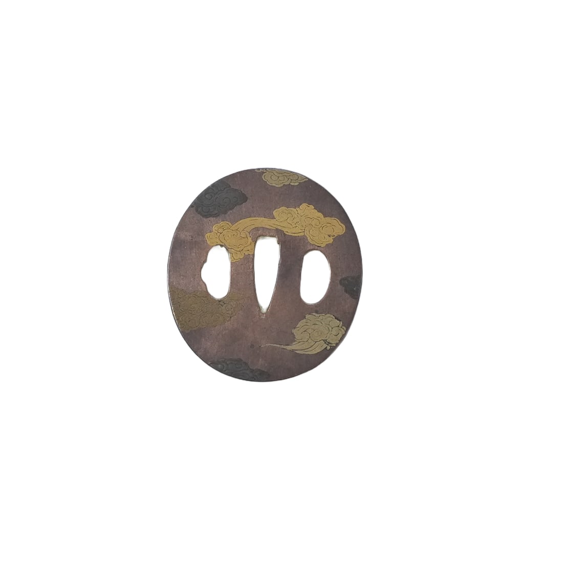 Tsuba, Japanese Sword Guard: Antique Japanese Sword Guard, Brass with decorative inlay, from Azuma Gallery, New York, Purchased 1981
