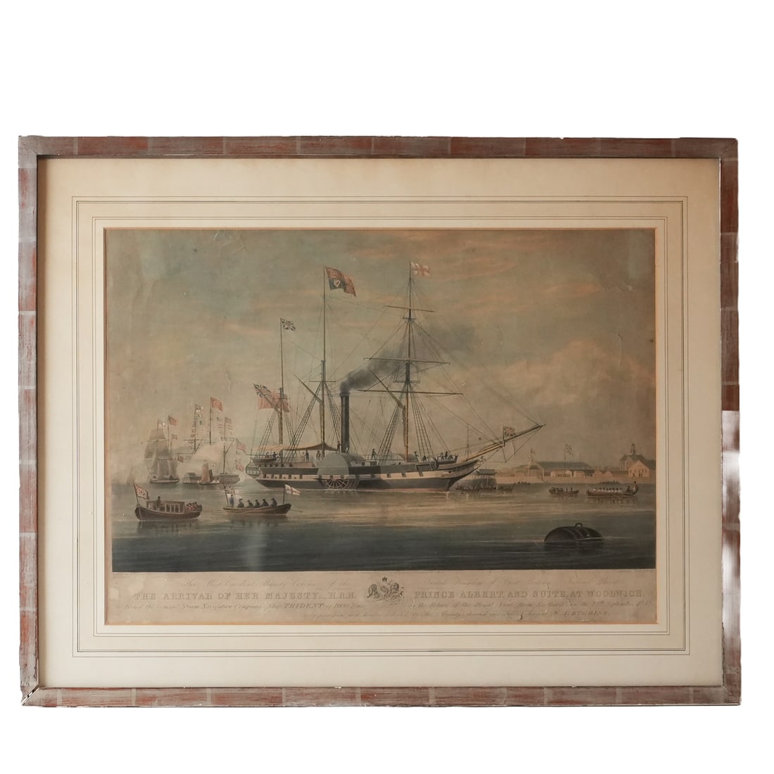 Ship Portrait Of The Arrival Of H.R.H Prince Albert: The Arrival of Her Majesty, H.R.H. Prince Albert and Suite at Woolwich is a ship portrait depciting a boat with several British and nautical flags in a crowded harbor. Engraving with handcoloring prin