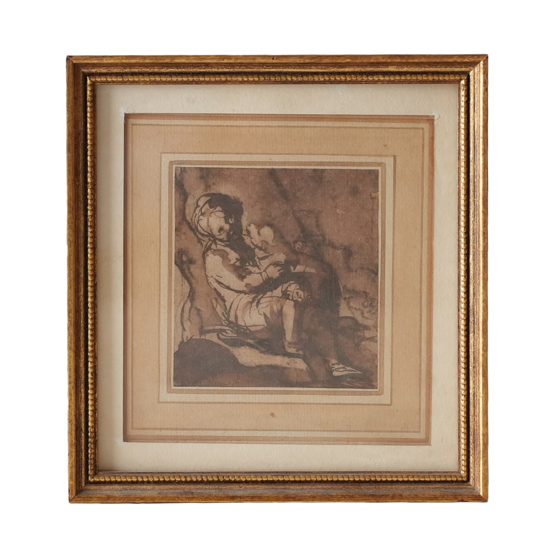 Boy With Puppy: Italian artwork featuring brown ink, brown wash drawing of a boy holding a puppy. Artisit unknown. Work size 4X4". Purchased at Chrisities, January 1993.