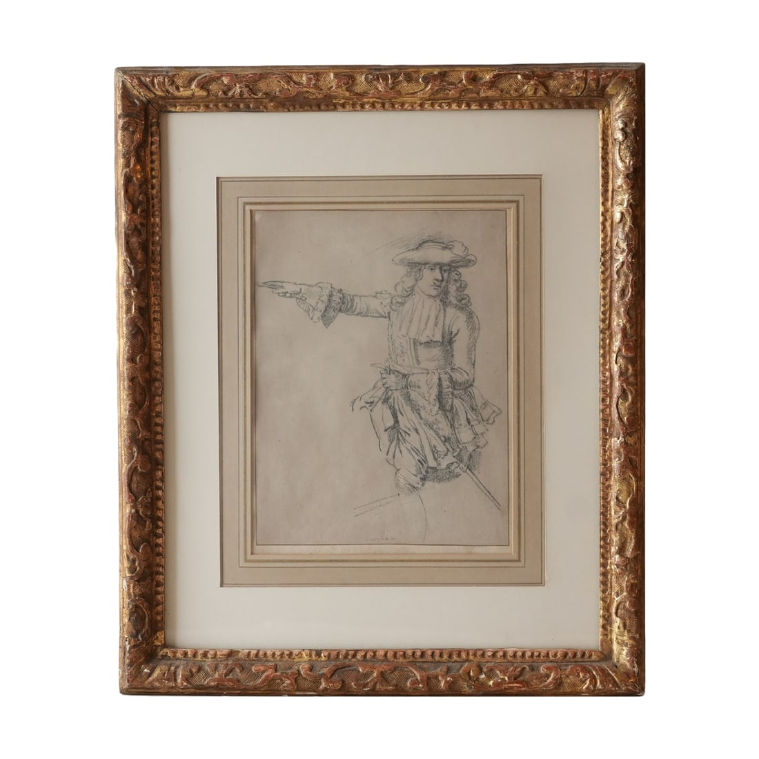 "King Louis XIV on Horseback" By A Follower of Van der Muellen: The black and white chalk on grey paper of King Louis XIV on horseback with his right arm extended is attributed to a follower of Adam Frans Van der Meulen. King Louis' right arm has inscription "vand