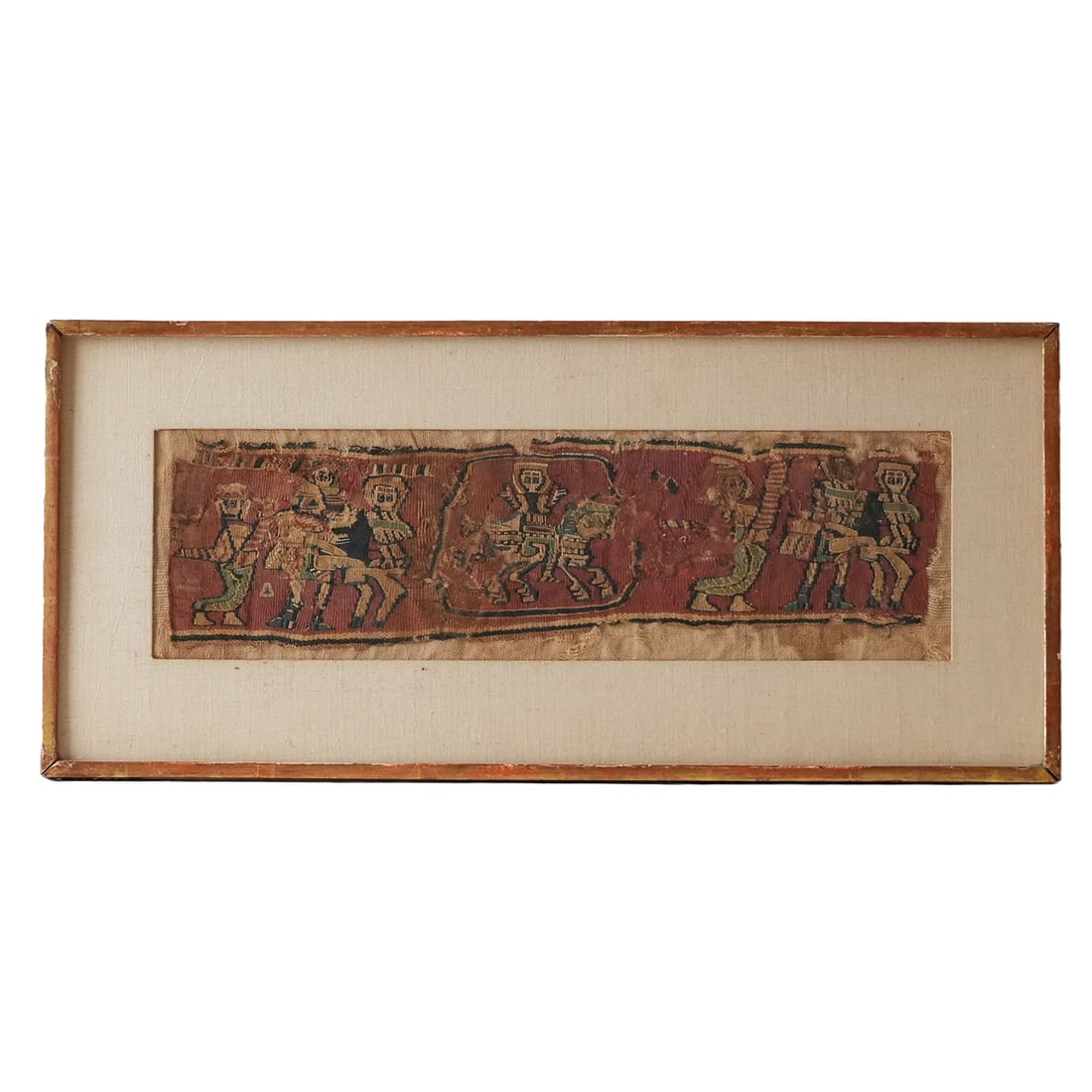"Procession of Warriors" 5th Century Coptic Textile: A framed 5th century Ethiopian textile. A woven fragment depicting a procession of warriors, the center figure mounted on horseback. Executed in a stylized manner in magenta, blue, green, white, black