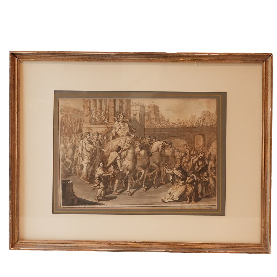 17th Century Drawing Of Ancient Triumphant Roman Leader: Roman royalty, a drawing of an ancient Roman scene showing a triumphant emperor or general in a horse-drawn chariot leading his troops through a crowd, young child with platter at lower left, an old m