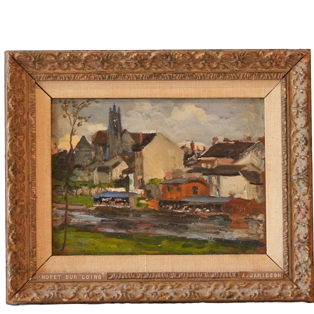 "Chateau At Moret-Sur-Long" By A. Jamieson: An oil painting on board of the Chateau at Moret-Sur-Long by Scottish Impressionist A. Jamieson (1873-1937) Unsigned.