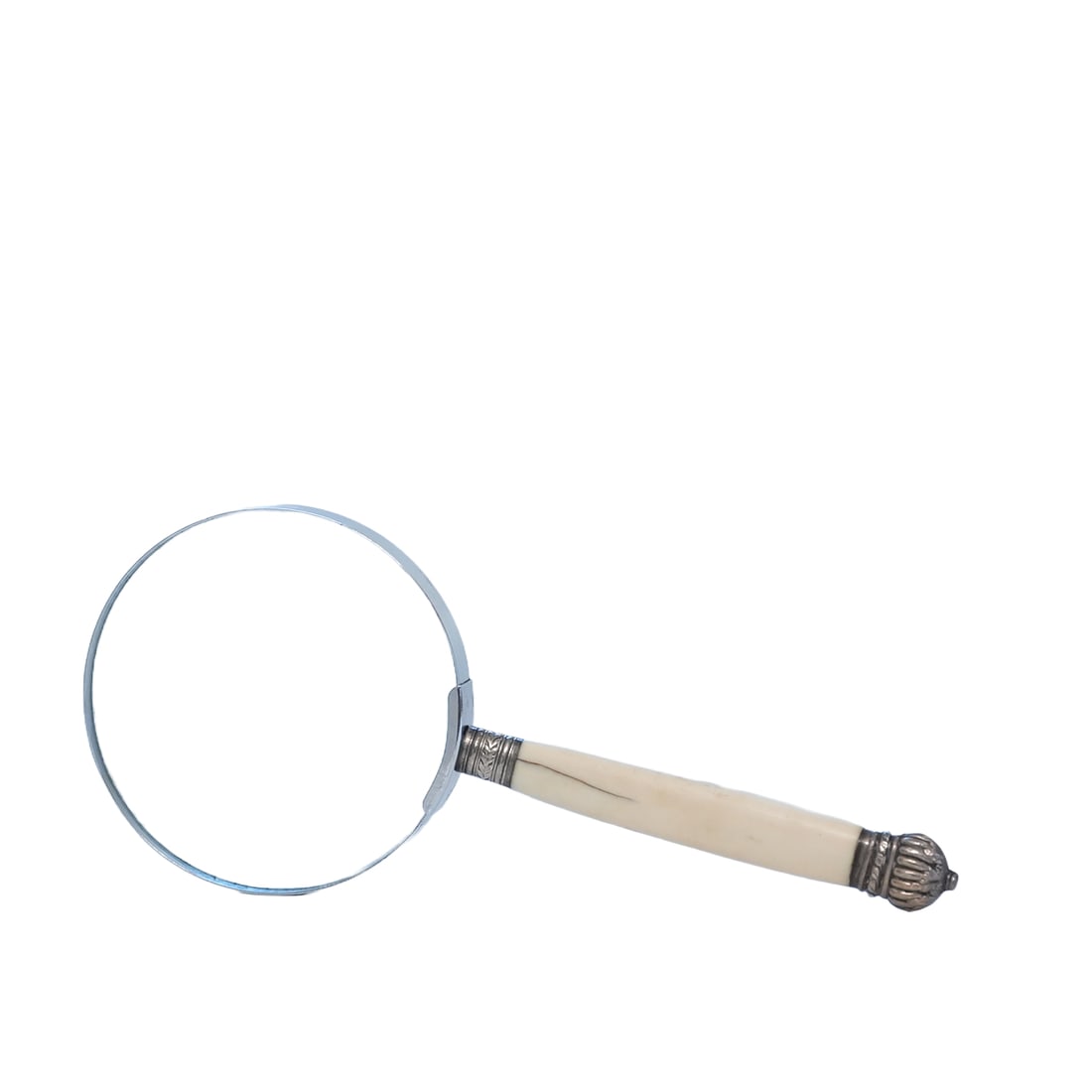 Magnifying Glass with Bone and Silver Handle: Large English magnifying glass with bone and silver handle, from Zane Moss Antiques, NY, purchased 1995
