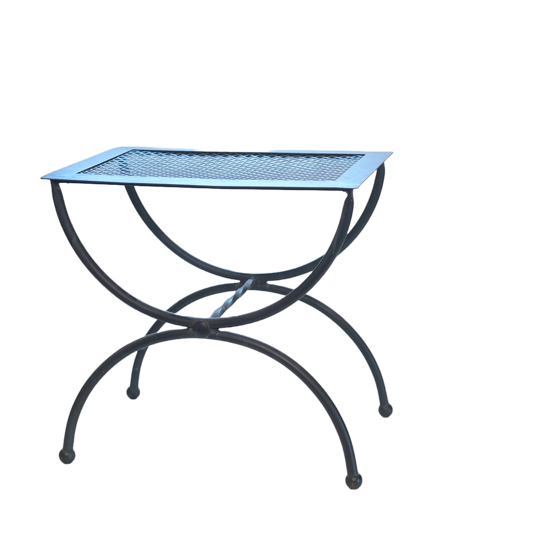 Metal Side Table: Mid-century rectangular metal side table with metal lattice top.