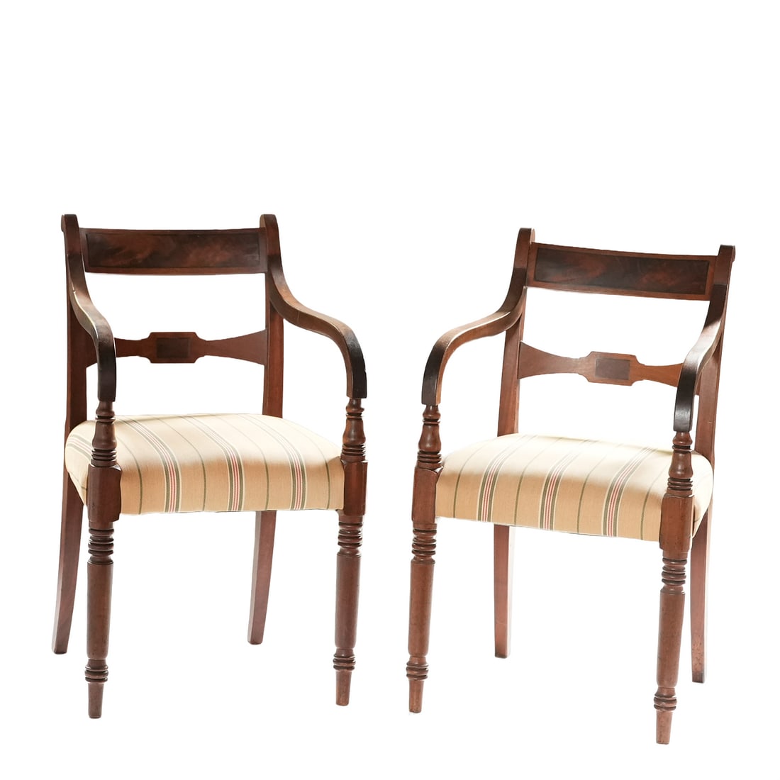 Pair of Louis XVI Bergeres Armchairs: Pair of Louis XVI Bergeres Armchairs, shield back with carved scrolled accent, acanthus leaf carvings found on arms and legs. Column accents on legs. Gold silk upholstery. Bought in Paris.