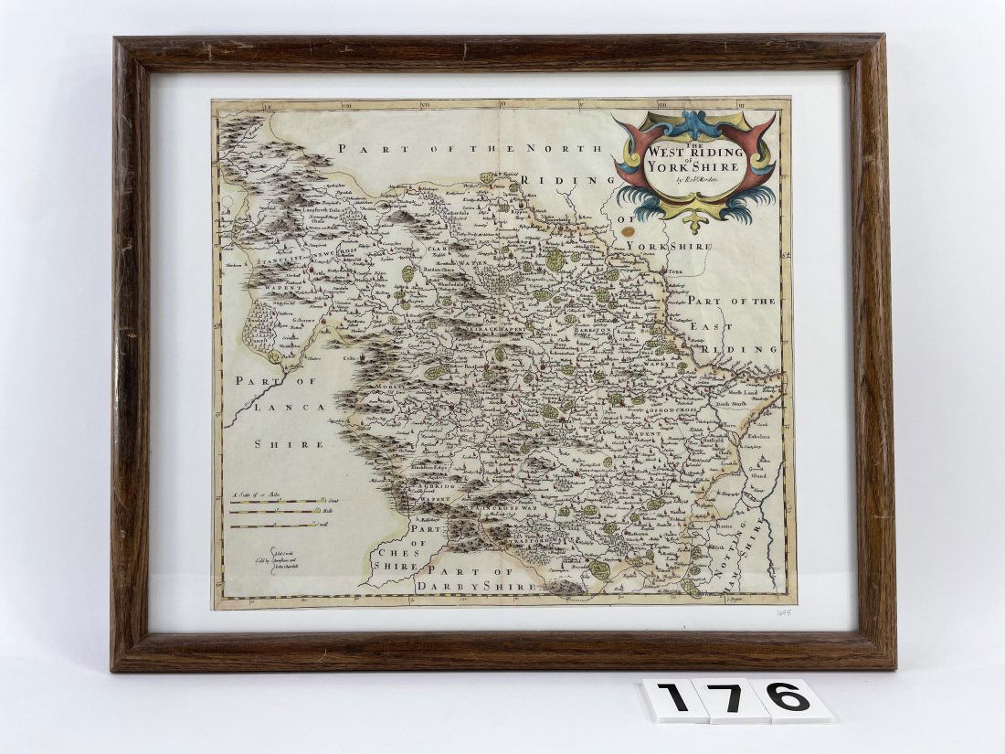 [ANTIQUE MAPS] MORDEN - WEST RIDING YORKSHIRE 1695: [ANTIQUE MAP] MORDEN, Robert. 'THE WEST RIDING OF YORK SHIRE' BY ROBERT MORDEN C.1695 41X35cm. Hand-coloured. Frame not included. Map will be removed from frame and securely shipped in cardboard tube.