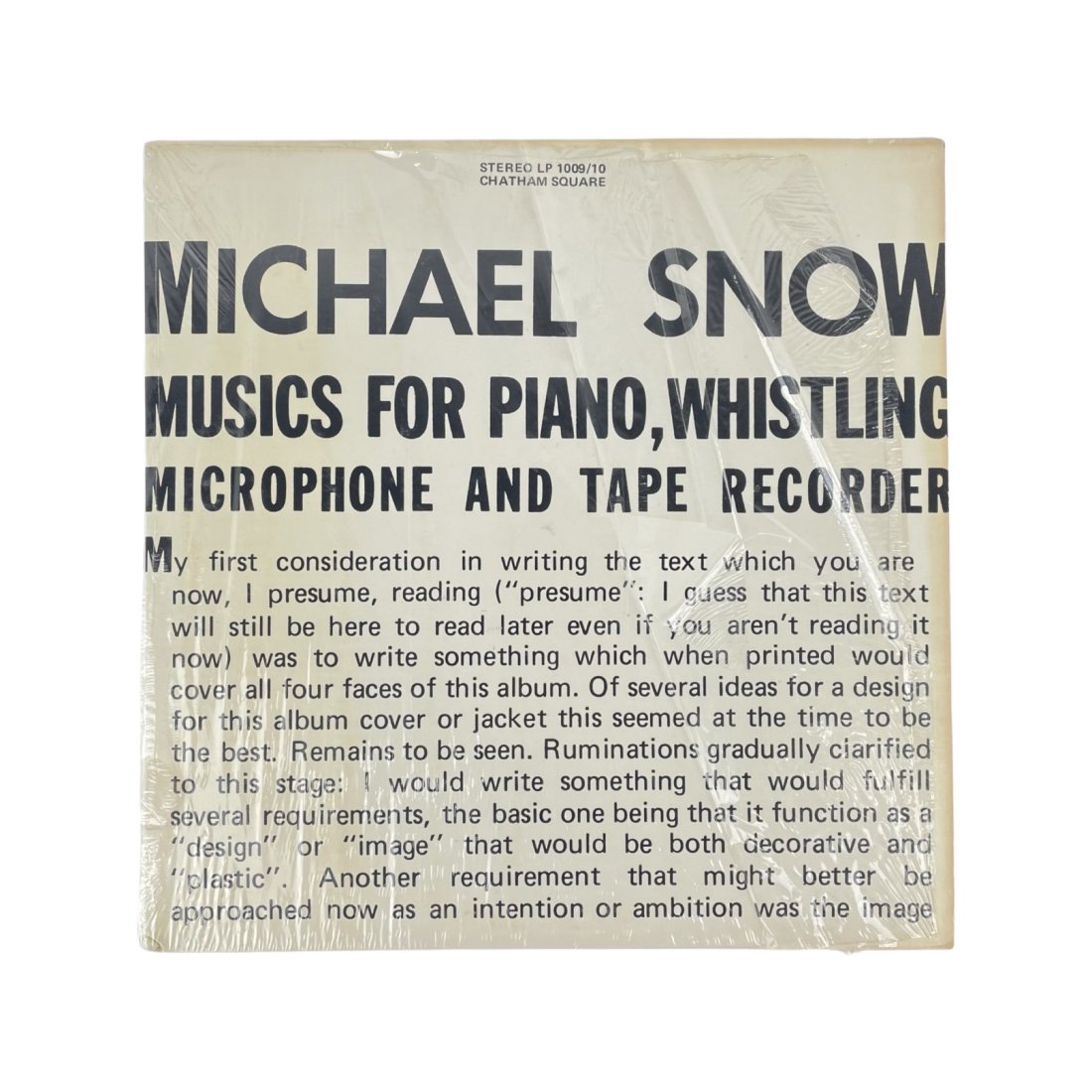 [ART MULTIPLE] MICHAEL SNOW. VINYL RECORD: [ART MULTIPLE] MICHAEL SNOW Music for Piano, Whistling, Microphone and Tape Recorder 1975 Audio work, vinyl record x 2, 33 1/3 rpm, in double-fold card slipcase: 31.4 x 31.4 cm Edition of about 1,000