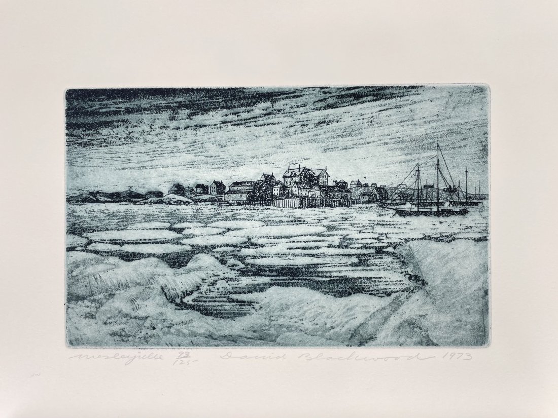 D BLACKWOOD. WAKE OF THE GREAT SEALERS W/ ETCHING: [BOOK CANADIAN ART] DAVID BLACKWOOD. IN THE WAKE OF THE GREAT SEALERS. SIGNED DAVID BLACKWOOD. IN THE WAKE OF THE GREAT SEALERS. With colour original etching by D. Blackwood. Entitled "WESLEYVILLE" Ha
