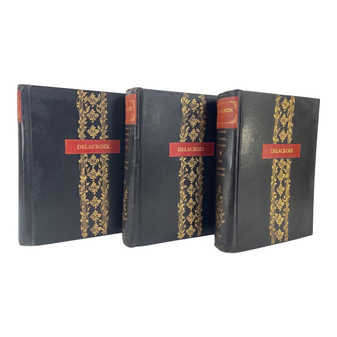 DELACROIX. "PAINTRE, GRAVEUR, ECRIVAIN. 3VOLS. 1926. LEATHER.: [BOOK ART] DELACROIX. "PAINTRE, GRAVEUR, ECRIVAIN. 3VOLS. 1926. LEATHER.Floury, Paris, 1926. 4to. Full black leather with onlaid red leather label to front covers. Red leather label to top of spine. G