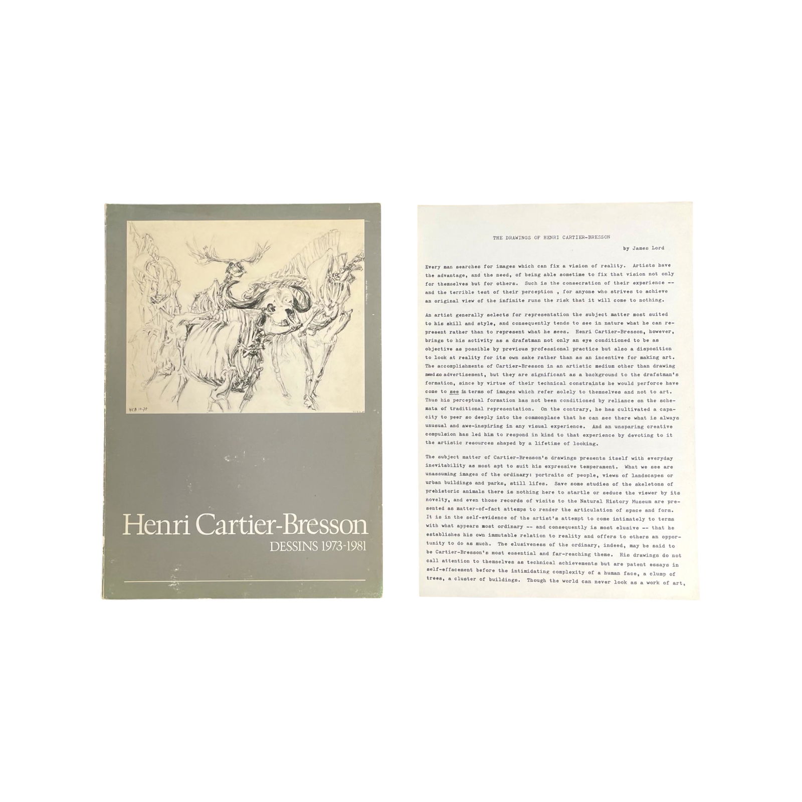HENRI CARTIER-BRESSON: DESSINS 1973-1981 INSCRIBED TO HILTON KRAMER.: [PHOTOGRAPHY MONOGRAPH] HENRI CARTIER-BRESSON: DESSINS 1973-1981 INSCRIBED TO HILTON KRAMER. Published by Musee d'Art Modern, 1981. 1st edition. 4to. Soft-cover. Exhibition catalogue. 48pp; 61 illustr