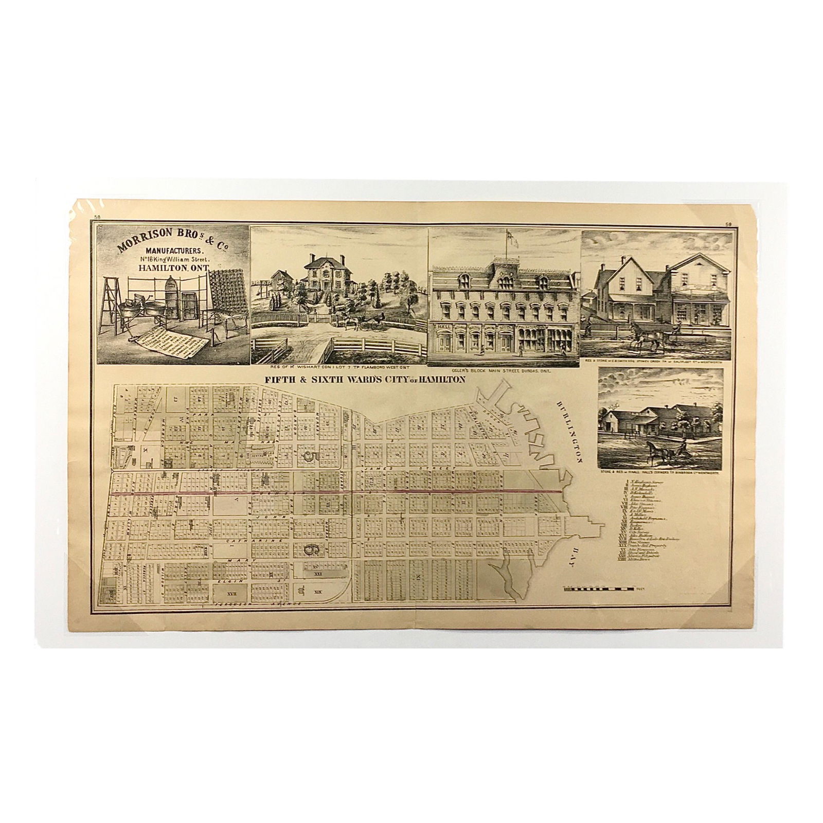 [CANADIAN ANTIQUE MAP] FIFTH & SIXTH WARDS, CITY OF HAMILTON. COLOURED. C. 1870S: [CANADIAN ANTIQUE MAP] COLOURED ANTIQUE MAP OF FIFTH & SIXTH WARDS, CITY OF HAMILTON. Printed circa 1870s.Image size (approx): 15.1/2"x25.3/4" Original antique map of Fifth & Sixth Wards of the City