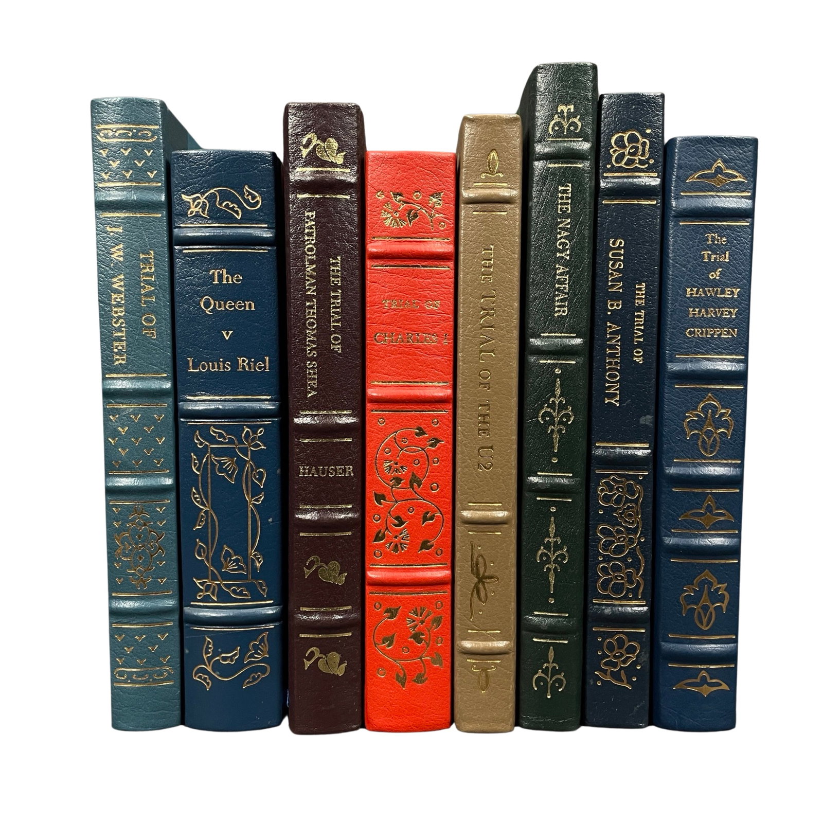 THE NOTABLE TRIALS LIBRARY. 8 VOLS SOLD TOGETHER: [THE NOTABLE TRAILS LIBRARY]. 8 VOLUMES SOLD TOGETHER.INCLUDING:TRIAL OF CHARLES I;THE TRIAL OF PATROLMAN THOMAS SHEA;THE QUEEN V LOUIS RIEL;THE TRAIL OF HAWLEY HARVEY CRIPPEN;THE TRIAL OF SUSAN B. AN