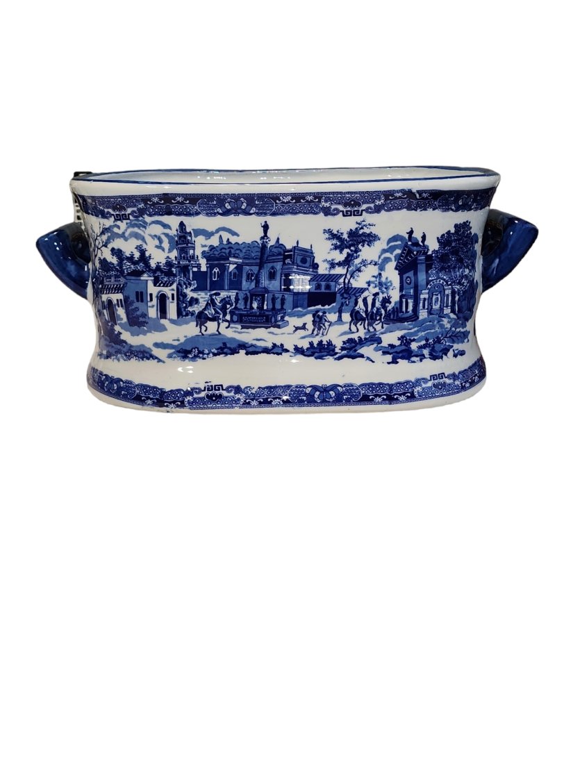 Victorian Ashworth or Ridgway Large Jardiniere: Excellent large, heavy, example of Victorian blue and white jardiniere. Beautiful coloring, glazing, and scenes. Victoria Ware Ironstone backstamp present.