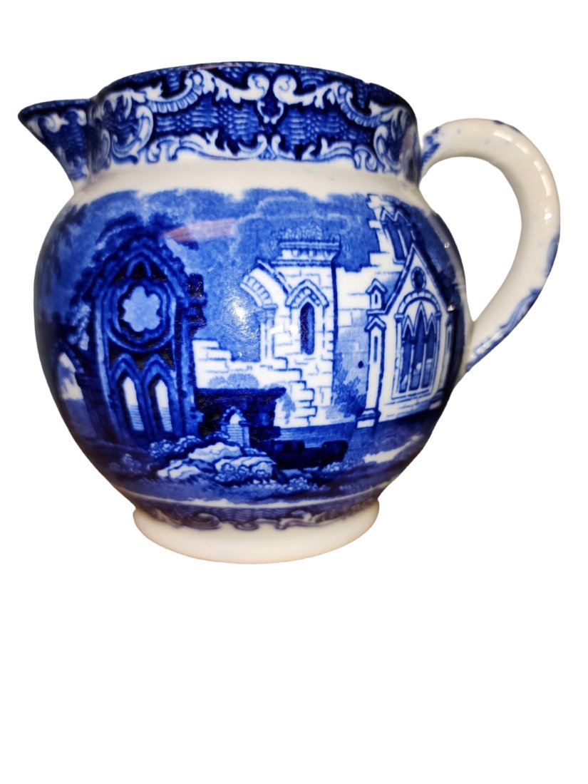 1901-1921 George Jones Abbey Ware Water Jug: Circa 1901-1922 George Jones & Sons blue and white water jug in Abbey 1790 pattern. Backstamp present.