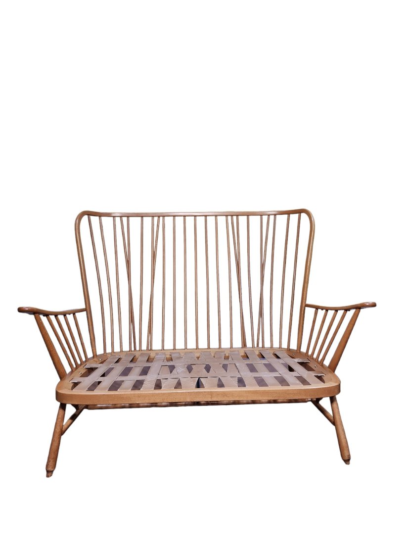 Mid Century Modern English Ercol Rare Evergreen High Back Settee: Exquisite rare English Ercol Evergreen model 913/2 high back two seater settee. Solid beech and elm construction, circa 1960s, this seldom seen high back version is in excellent condition and ready fo