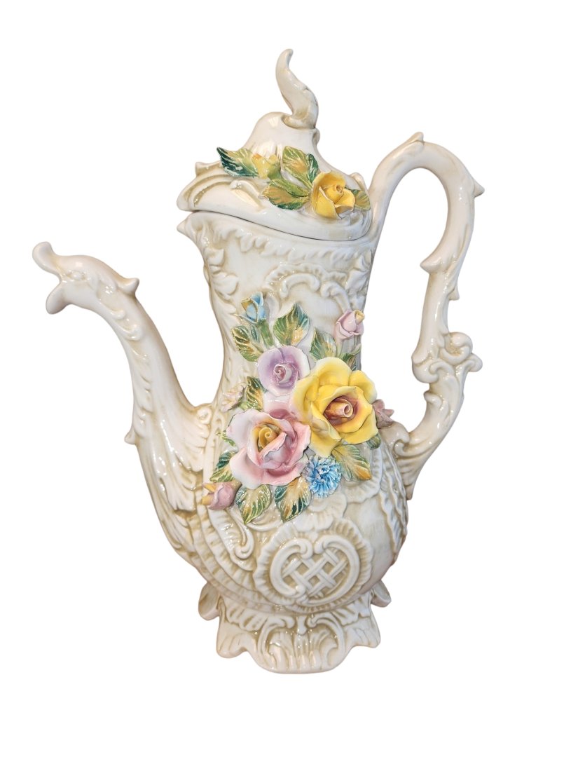 Mid 20th Century Capodimonte Large Coffee Pot: Superb very large Capo di Monte Neapolitan coffee pot. Avian spout (swan,duck,goose) with intricate florals. Colorful glaze with shaded glaza patina, in excellent condition. Fabulous piece for Capodim