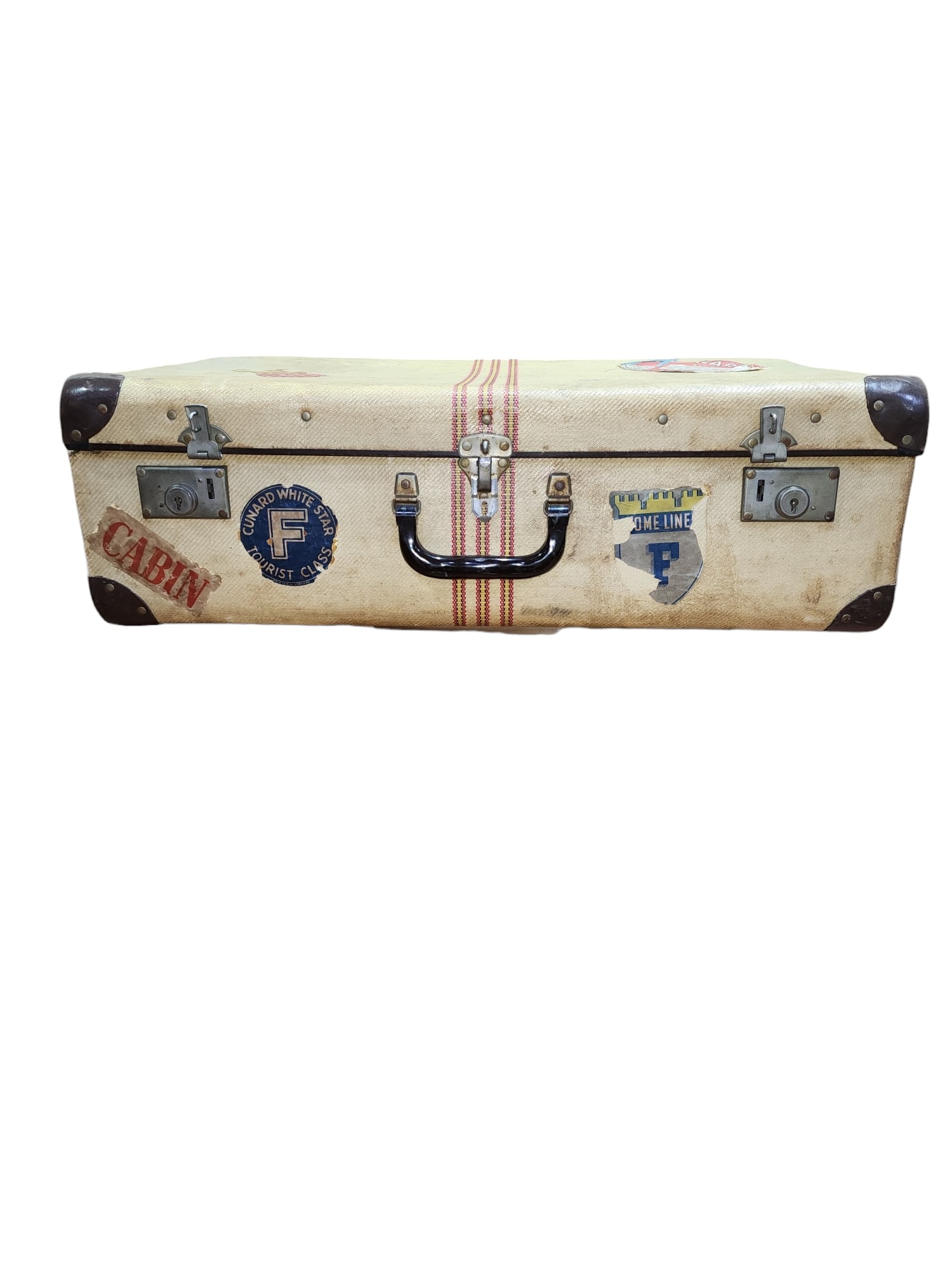 1930s Vintage C.E. Kitchings Australia Large Bentwood Hardshell Steamer Trunk: Another lovely vintage hardshell suitcase by C.E. Kitching, Sydney Australia, in cream finish, with original bakelite handle and brass fittings. Clean interior, original voyage tags, no key present.Pe