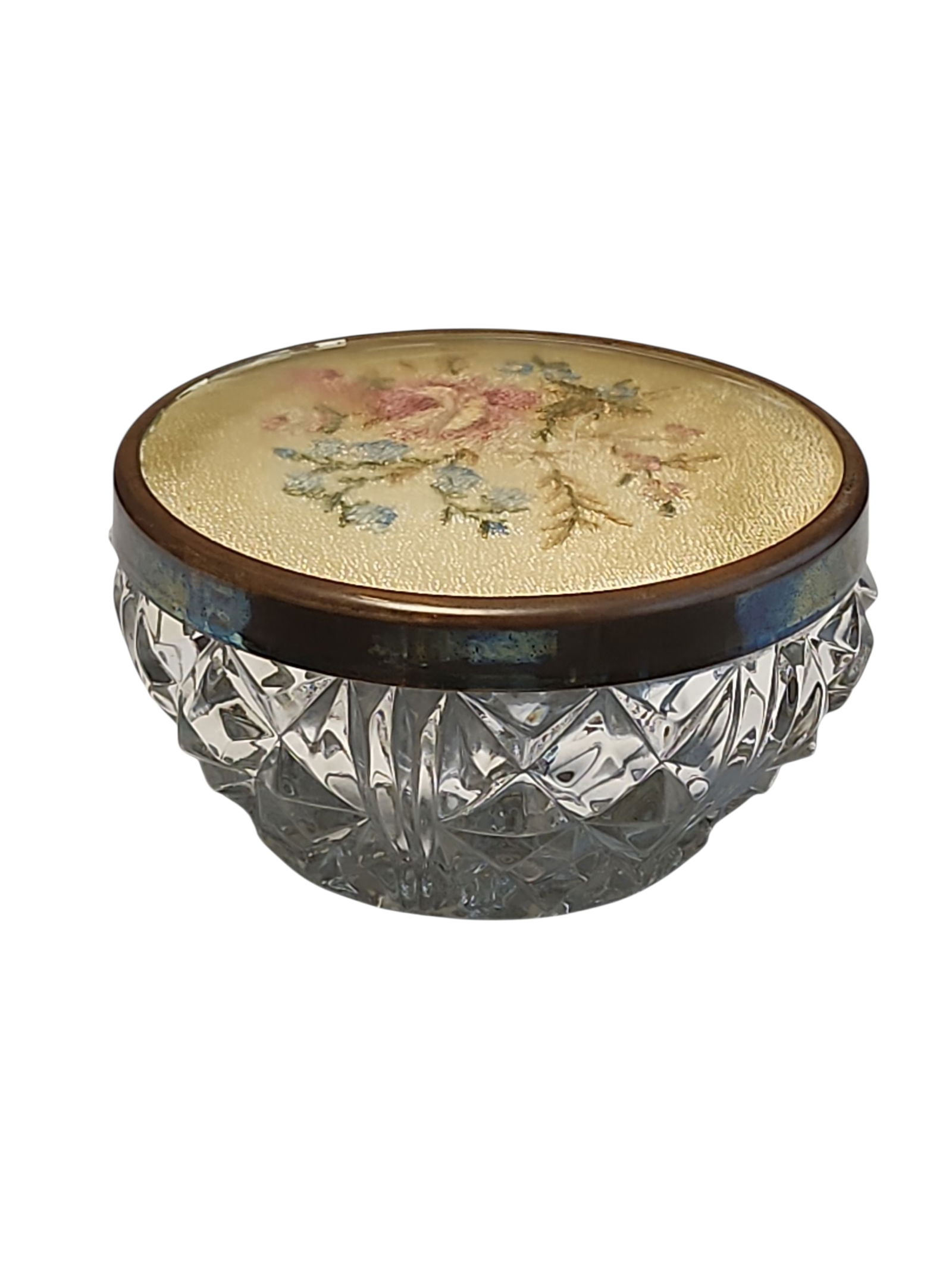 1930s Regent of London Petit Point Powder Jar: Pretty Regent of London petit point powder jar in excellent condition. Brass top with silk petit point floral embroidery under glass, heavy cut glass jar, early example circa 1930s-40s.Wonderful vanit