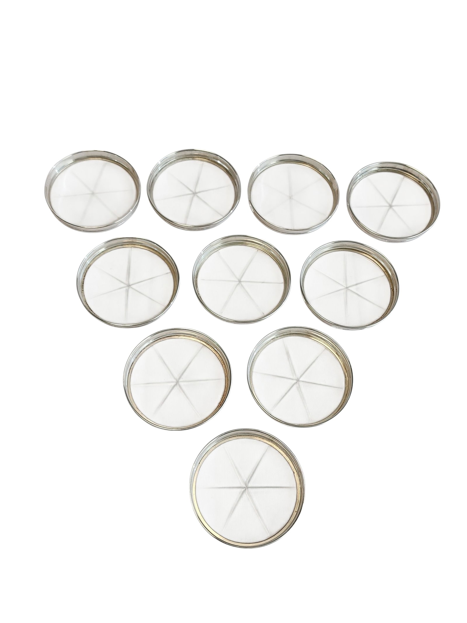 1930s Sterling Silver and Cut Glass Coasters - Set of 10: Great set of ten sterling silver and cut glass coasters, champagne glass size or smaller wine/liqueur glass, all in excellent condition.Sterling stamp to the side, no makers mark, but presumably Webst
