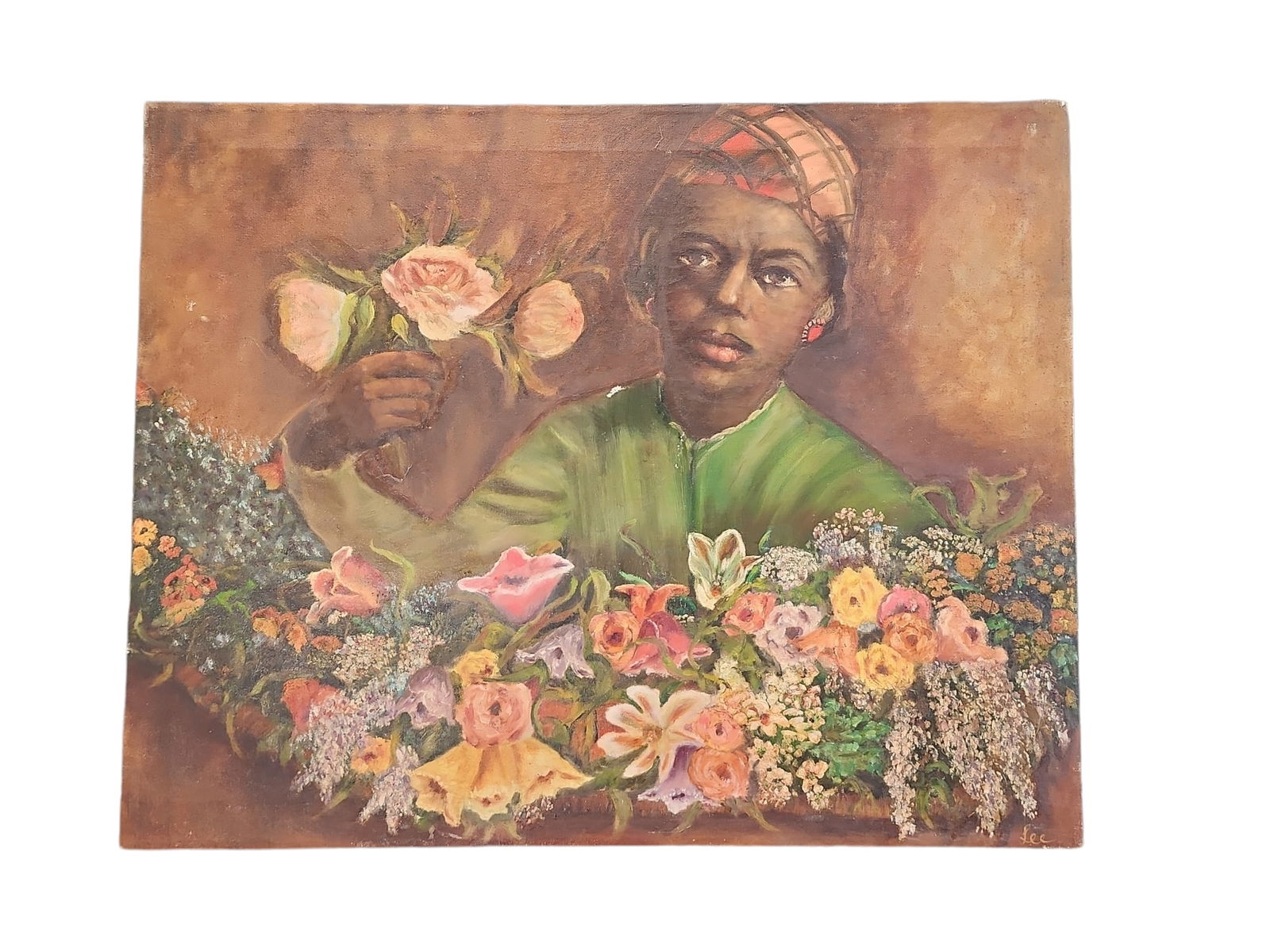 After Frederic Bazille - Young Woman With Peonies - Oil on Canvas - Signed Lee: Large 30 x 24 oil on canvas, After Frederic Bazille, Young Woman With Peonies, signed by Artist Lee, unframed and in excellent condition.