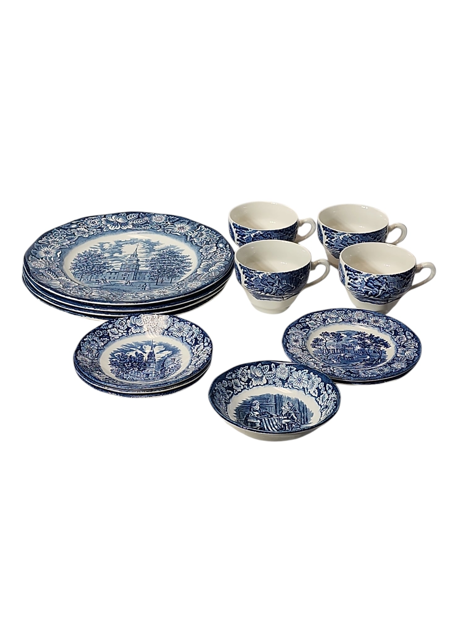 1970s Wedgwood Liberty Blue Collection - 14 Pieces: Excellent condition collection of collectable Linerty Blue china, made in England by Enoch Wedgwood Co., circa 1970s, with historical motifs. Backstamps present.4 Independence Hall dinner plates - 10