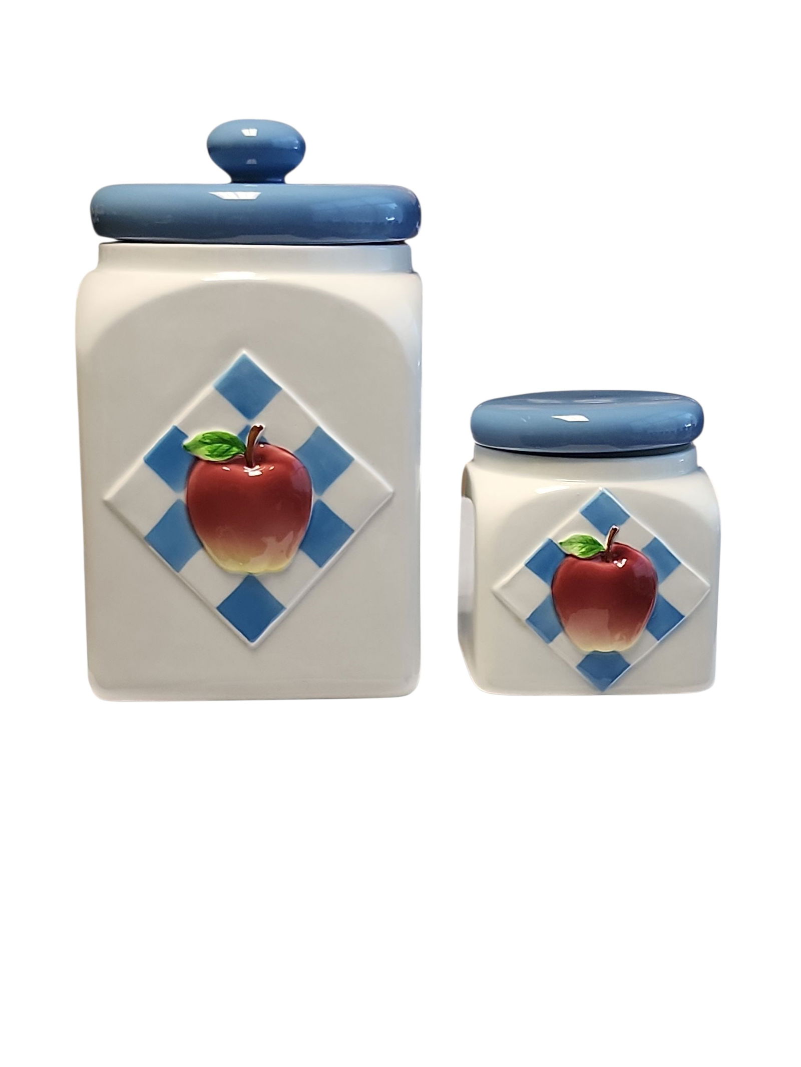 Vintage Otagiri Ceramic Kitchen Canisters - Set of Two: Lovely vintage set of two Otagiri Japan blue and white apple motif kitchen canisters, both in excellent condition.Seals intact for both, no chips or nibbles.Large measures 5 x 5 x 9 inches, small meas