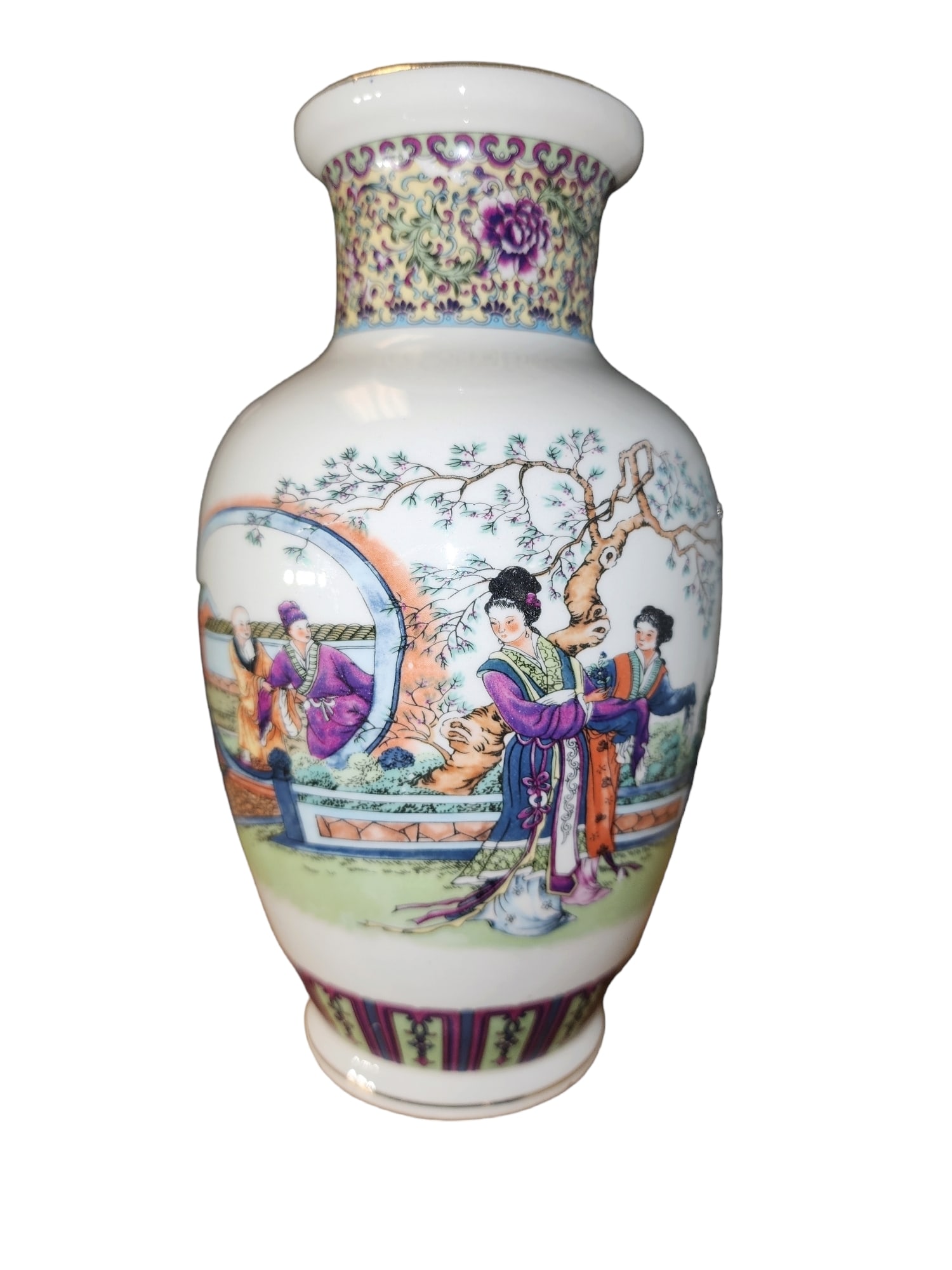 1960s Japanese Export Art Geisha Vase: Lovely 1960s Japanese polychrome handpainted porcelain vase with Geisha motif.Backstamp present, marked as Export Art Pottery for Italy.Small chip to body, can be repaired with porcelain filler, gilt 