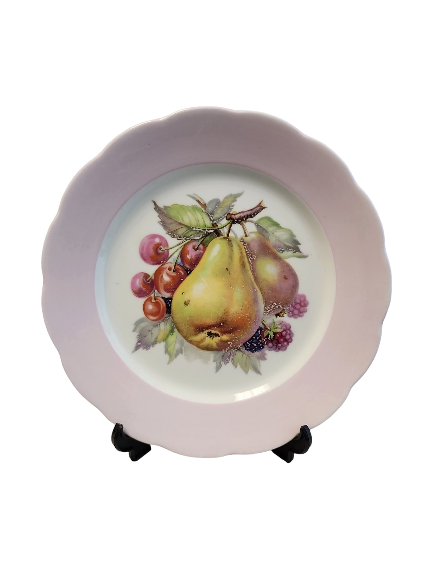 1930s Jackson & Gosling Grosvenor Plate: Lovely 1930s Jackson & Gosling plate in Grosvenor pattern, in excellent condition.Pear and berries motif on fine white porcelain, pastel pink band, backstamp present.Dimensions are 8 x 8 x 1 inches