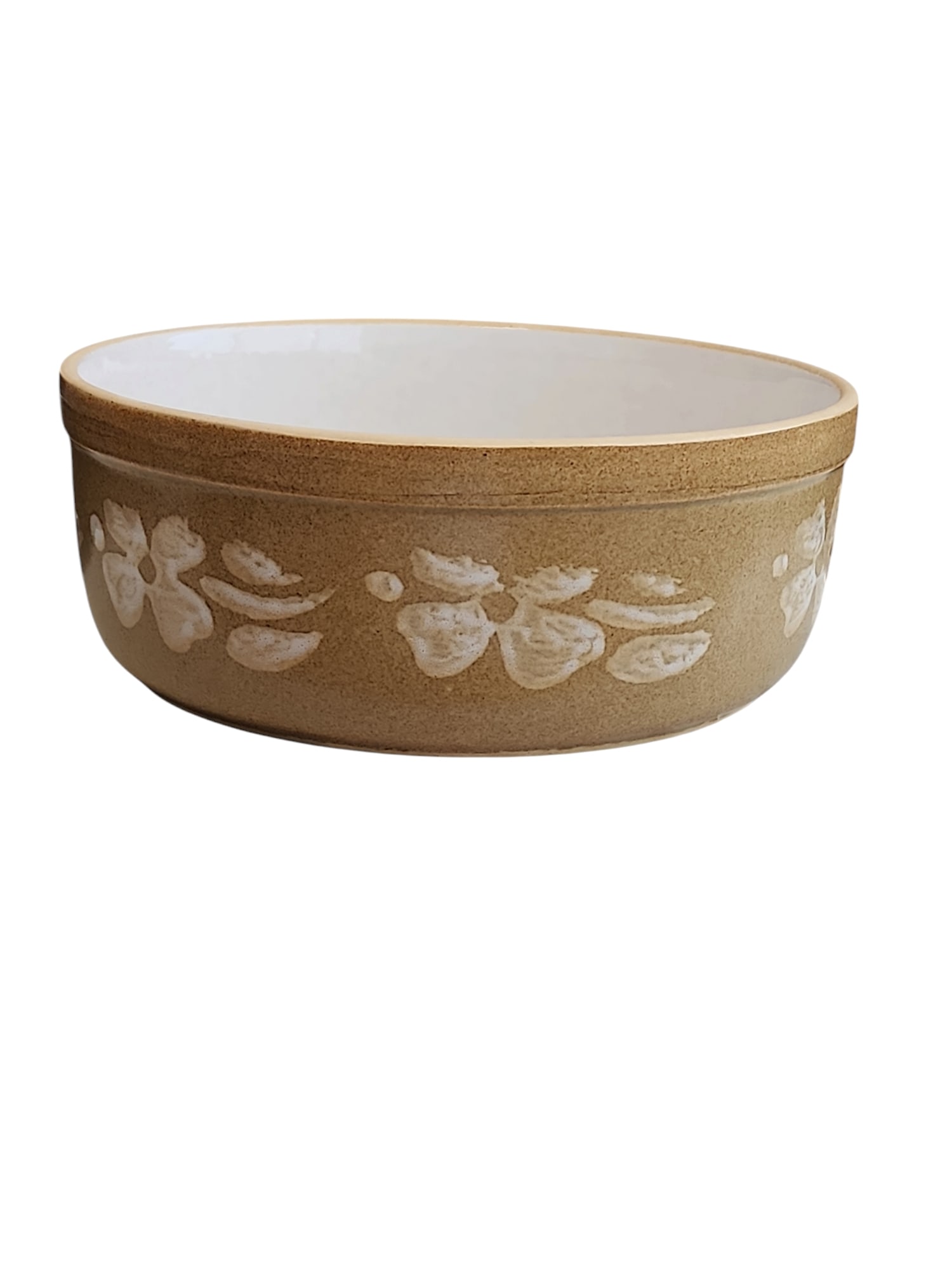 Mid-Century Stoneware Primrose Large Serving Bowl: Lovely heavy and large mid-century stoneware bowl with primrose floral motif, high glaze interior, in exellent condition. No backstamp present, but likely Denby ware.Measures 8.25 x 8.25 x 3.5 inches