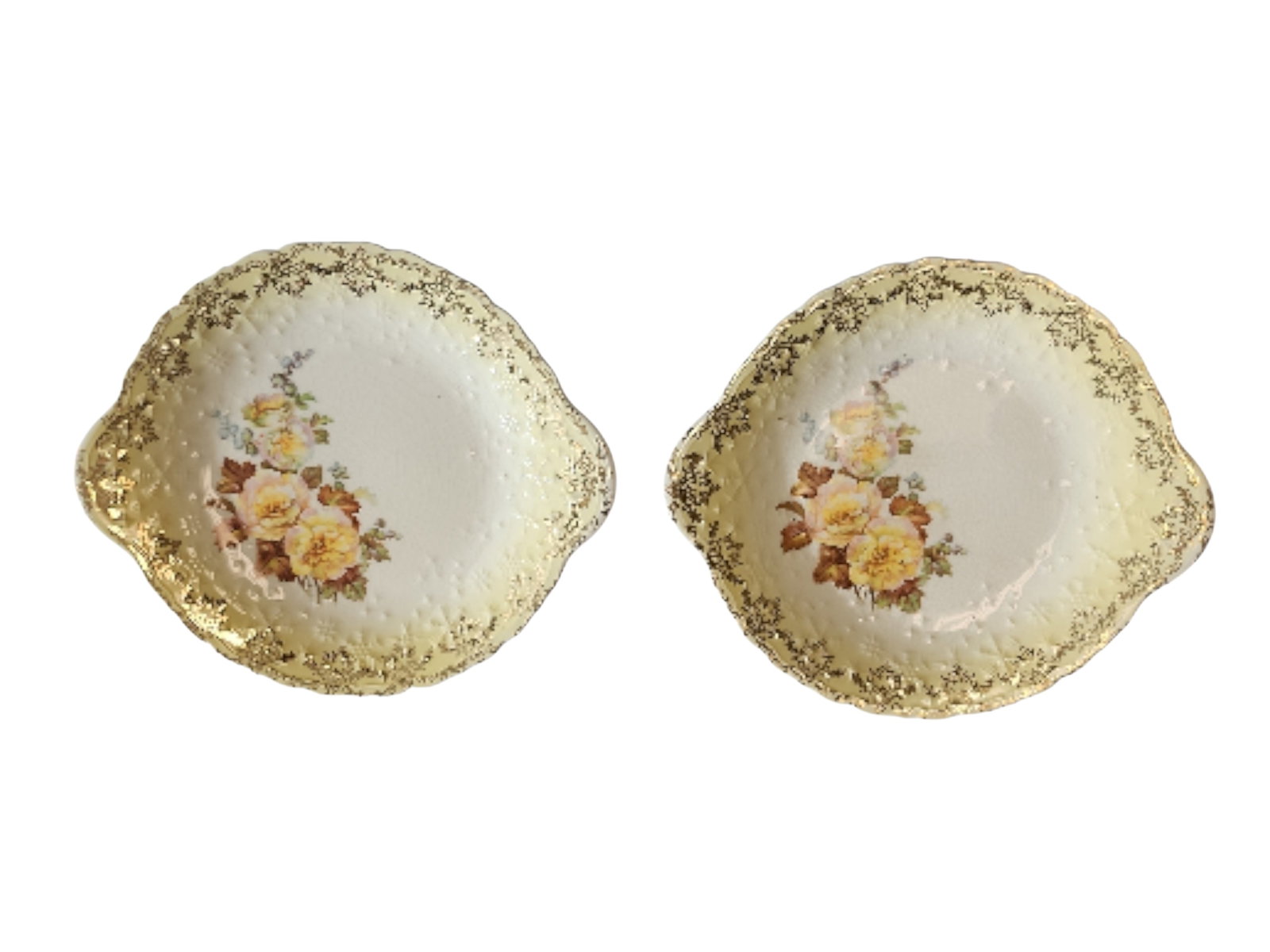 1920s Leigh Potters Rose of Sharon Serving Dishes - a Pair: Lovely pair of early 20th century Leigh Potters porcelain serving dishes in Rose of Sharon yellow pattern, circa 1926-1931, backstamps present.Crazing to both, consistent with age.Measure 8 x 7 x 1 in