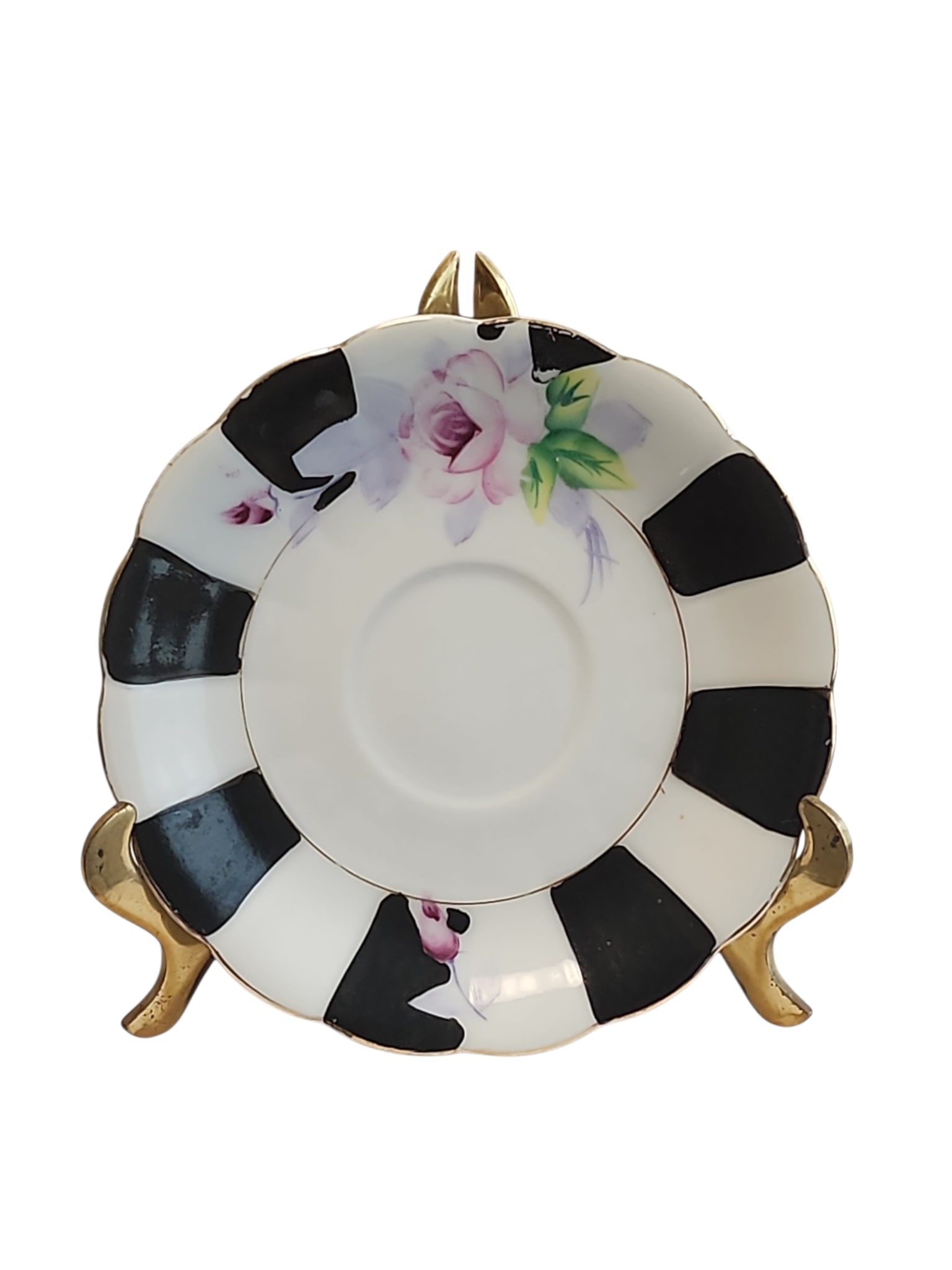 Vintage Japanese Art Deco Style Saucer: Excellent condition vintage Japanese art deco style saucer in handpainted black and white with rose detail. Gilt rimmed, marked MADE IN JAPAN to underside.Measures 4.75 x 4.75 x .5 inches