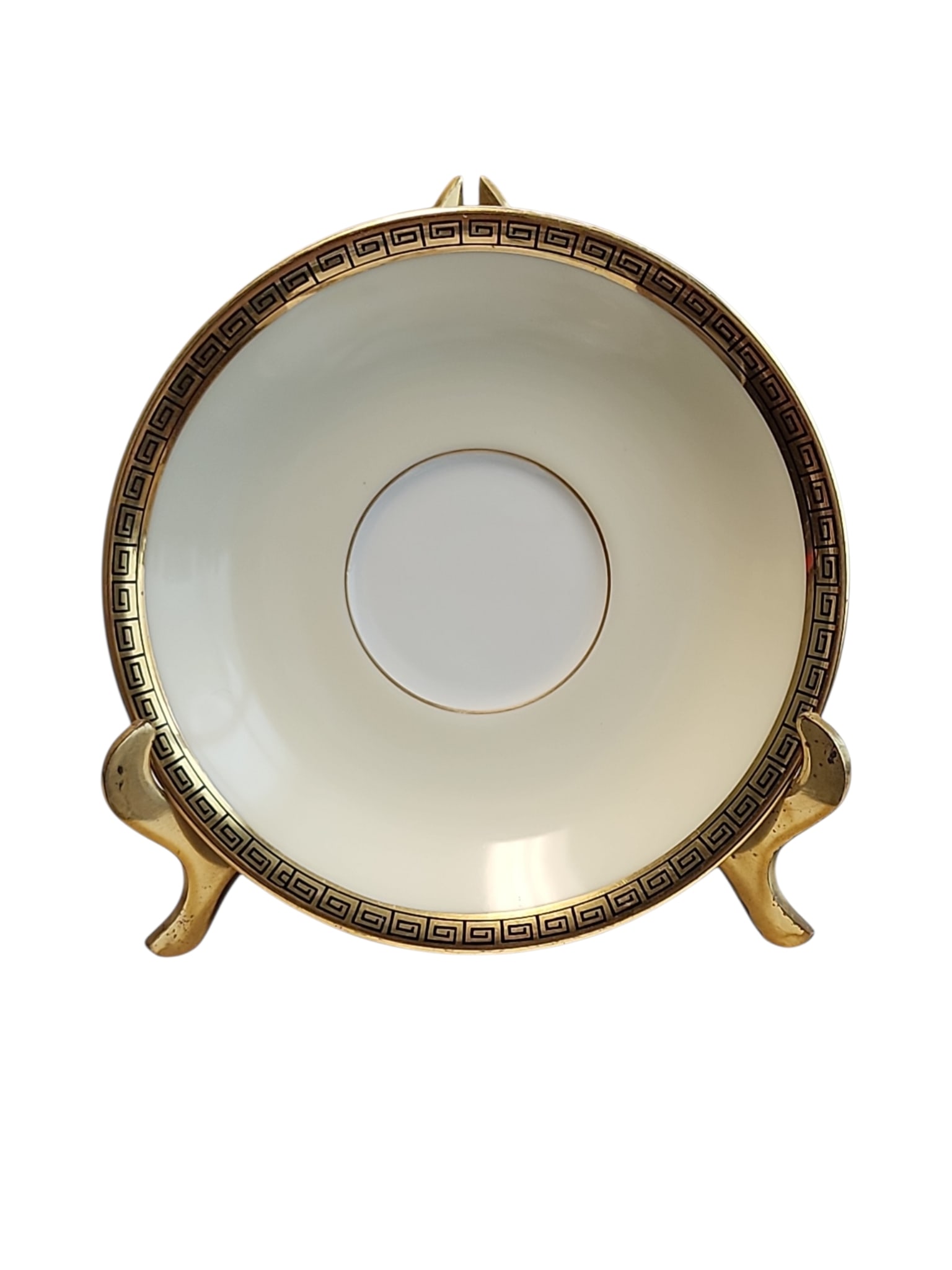 Noritake Japan Mid-Century Gracewood Saucer: Excellent condition circa 1948-1951 Noritake Japan saucer in Gracewood pattern.Gilt Greek key design to rim, fine bone china.Measures 4.75 x 4.75 x .75 inches
