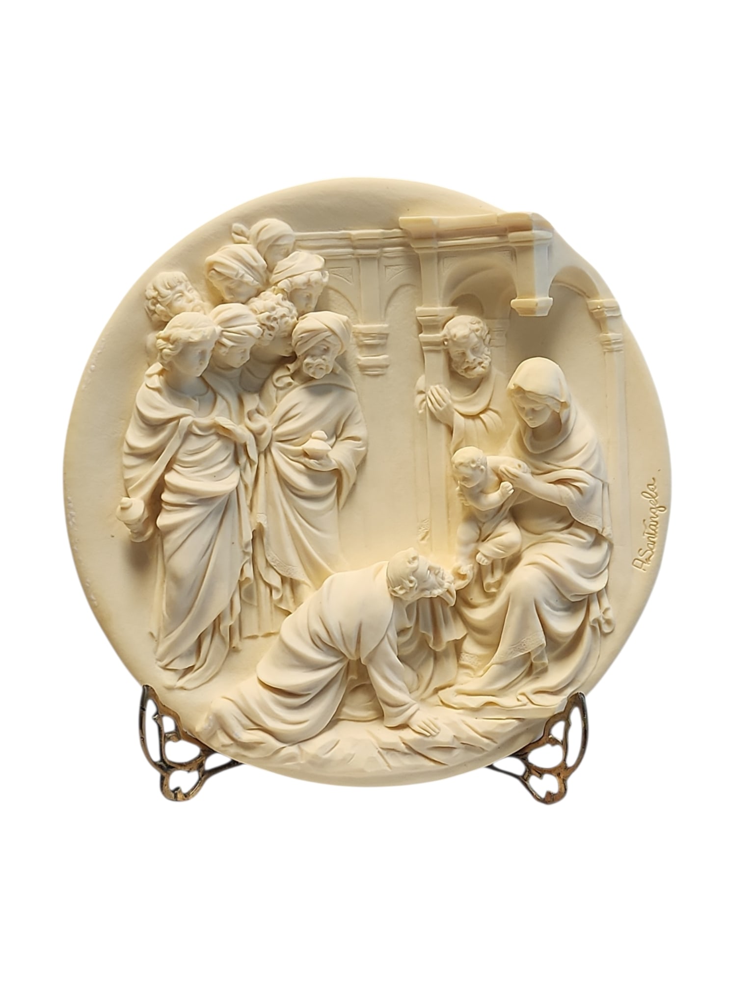 Studio Dante Di Volteradici Adoration of The Magi Alabaster Wall Plate: Excellent condition, with original box and certificates, Adoration of The Magi Italian alabaster wall plaque, circa 1983, by Alberto Santangela.From the Ghiberti Doors series, back plate present.Measu