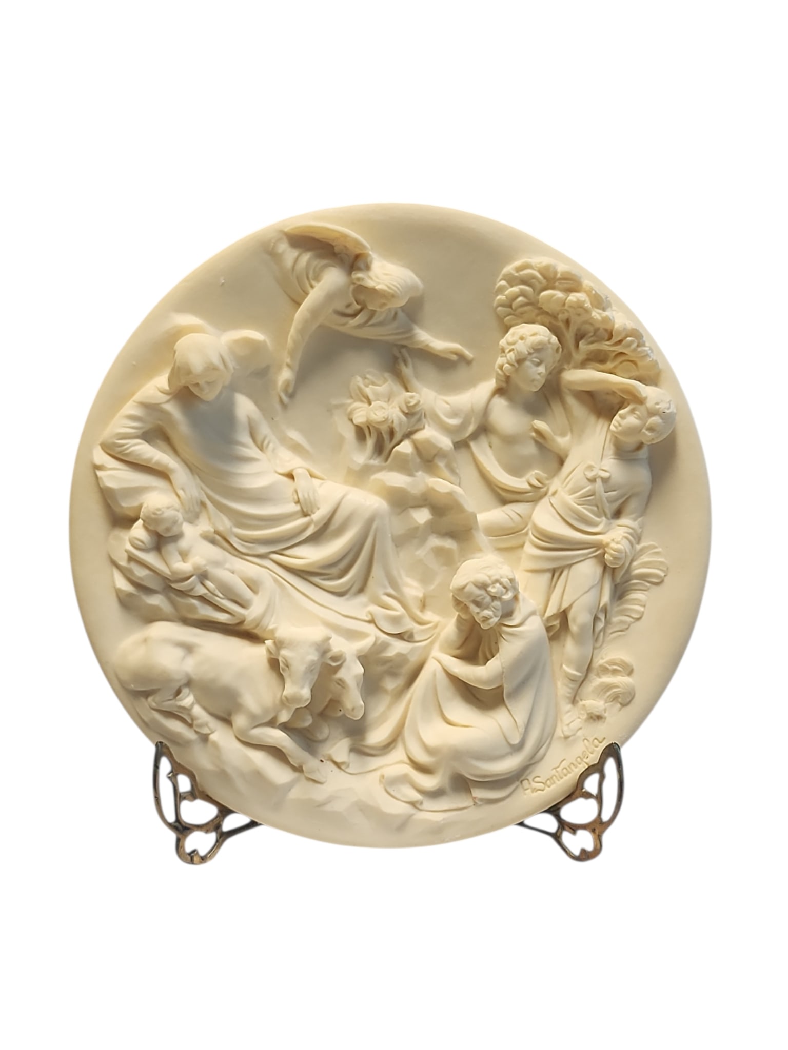 Studio Dante Di Volteradici The Nativity Alabaster Wall Plate: Excellent condition, with original box and certificates, The Nativity Italian alabaster wall plaque, circa 1983, by Alberto Santangela.From the Ghiberti Doors series, back plate present.Measures 8 x 8