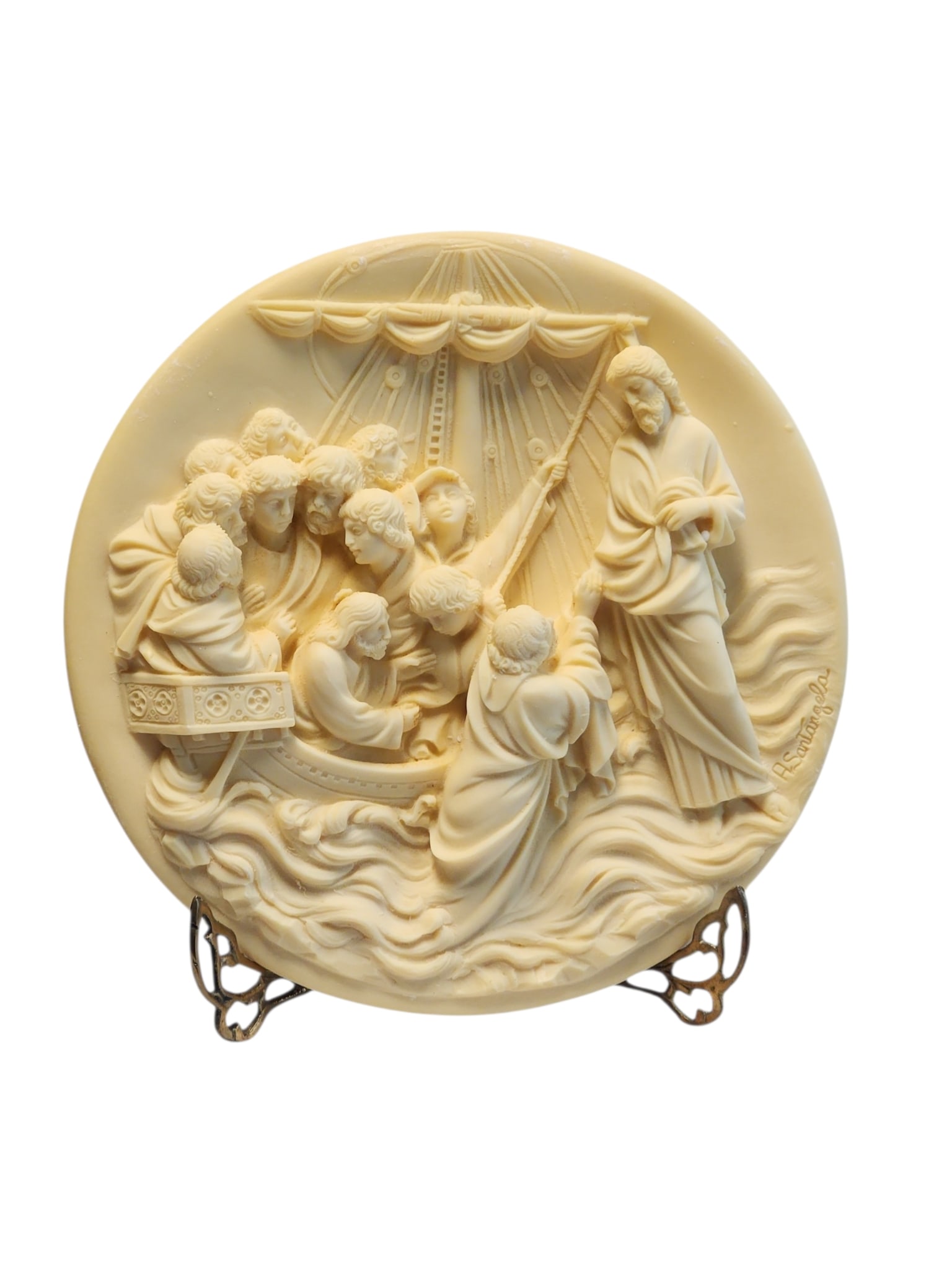 Studio Dante Di Volteradici Christ Walks On The Water Alabaster Wall Plate: Excellent condition, with original box and certificates, Christ Walks On The Water Italian alabaster wall plaque, circa 1983, by Alberto Santangela.From the Ghiberti Doors series, back plate present.M