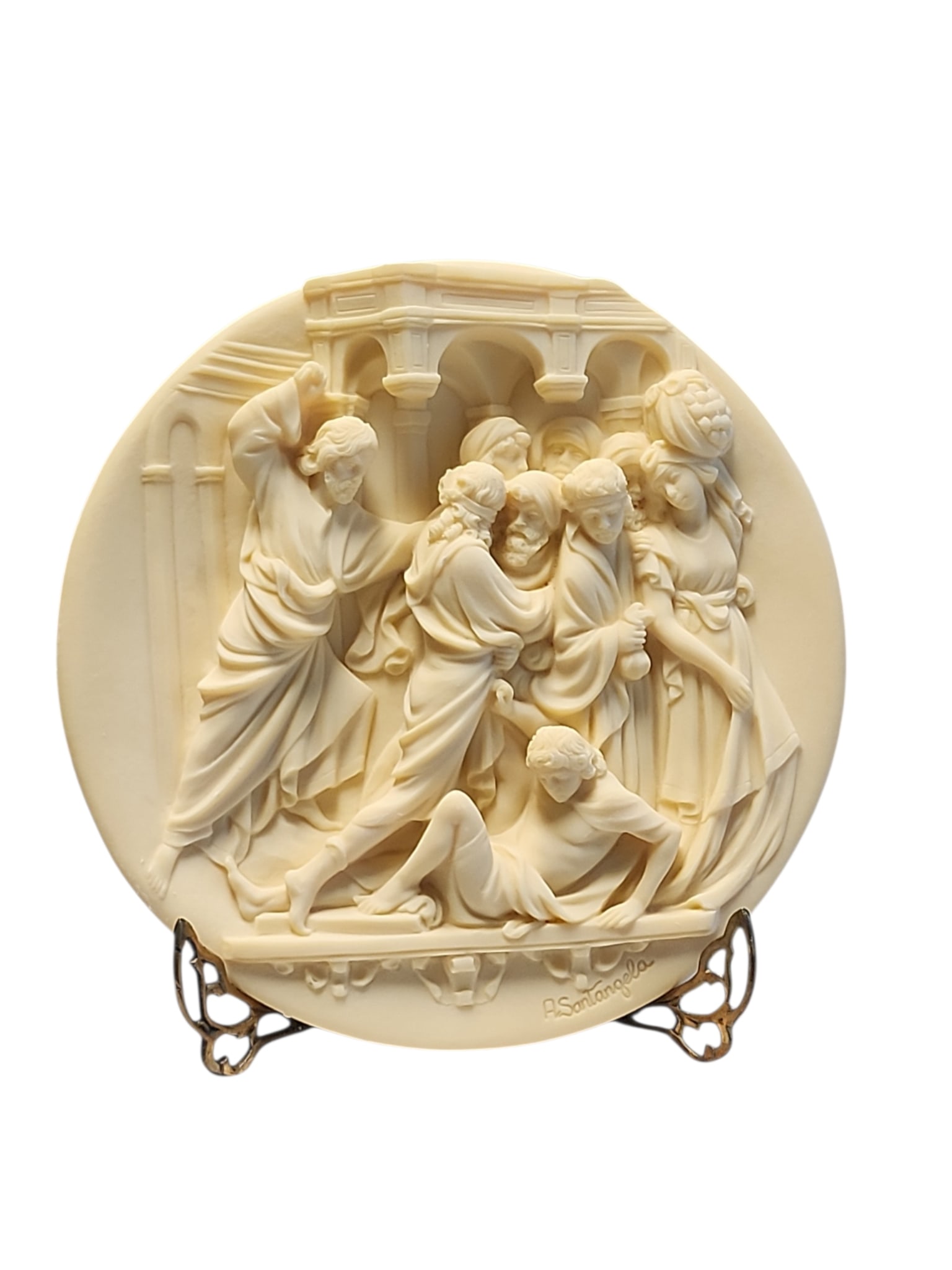 Studio Dante Di Volteradici The Expulsion of The Moneychangers Alabaster Wall Plate: Excellent condition, with original box and certificates, The Expulsion of The Moneychangers Italian alabaster wall plaque, circa 1983, by Alberto Santangela.From the Ghiberti Doors series, back plate 