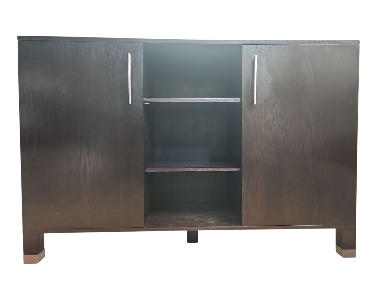 1990s Vintage West Elm Storage Cabinet: Lovely vintage dark walnut West Elm storage cabinet in excellent condition.Double doors over up to nine compartments on adjustable shelves, chrome pulls and tipped feet, versatile piece suitable for a