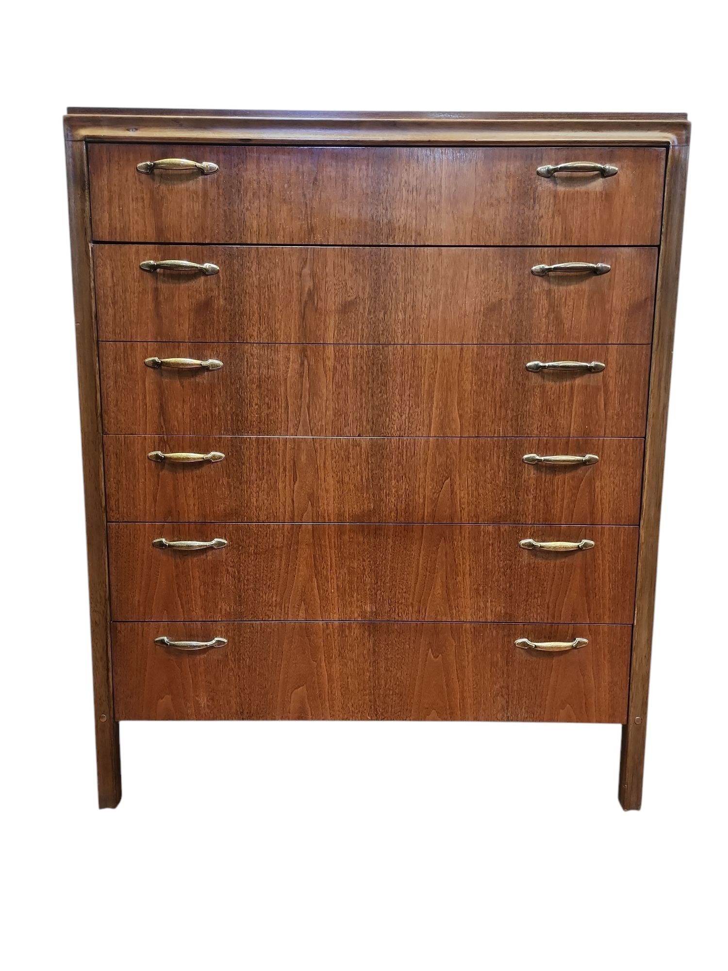 Mid Century Modern Hickory Manufacturing Company High Boy Chest of Drawers: Stunning mid century modern Hickory Manufacturing Company walnut five drawer ( 4 single depth and 1 double depth) high boy in excellent condition.Walnut construction, makers stamp not present, brass p