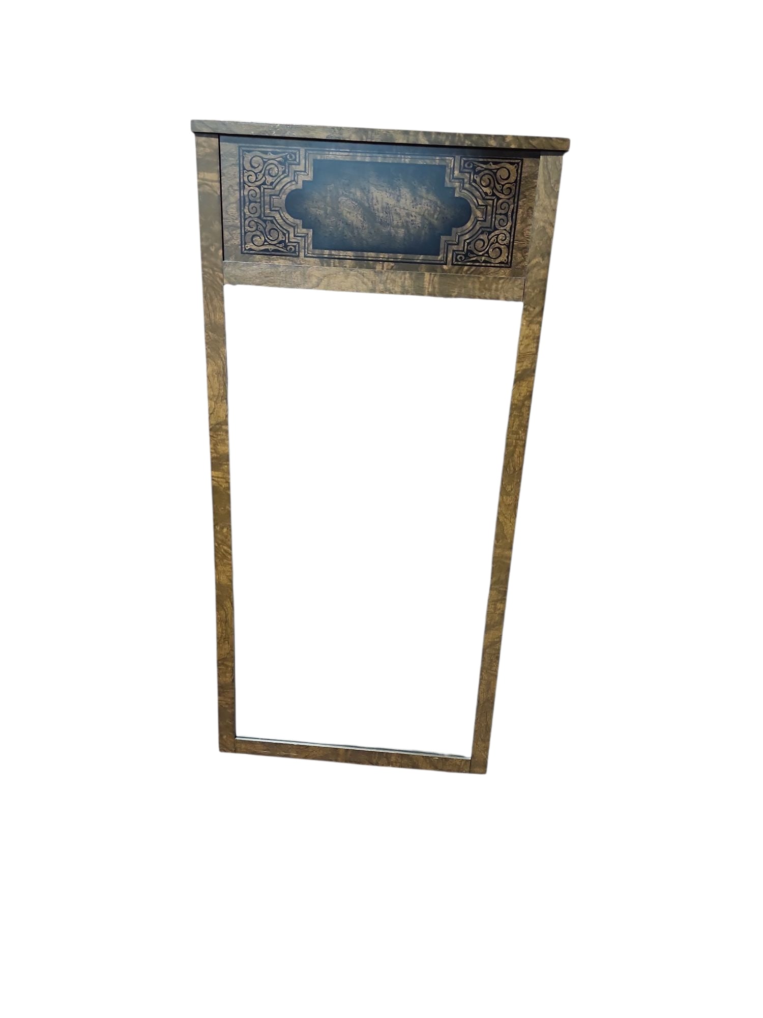 1970s American of Martinsville Trumeau Mirror: Lovely 1977 American of Martinsville trumeau mirror, model 7-I706-80, in excellent condition.Tuscan style header, burled walnut frame, tall statement mirror ideal for any room.Model number stamp to re