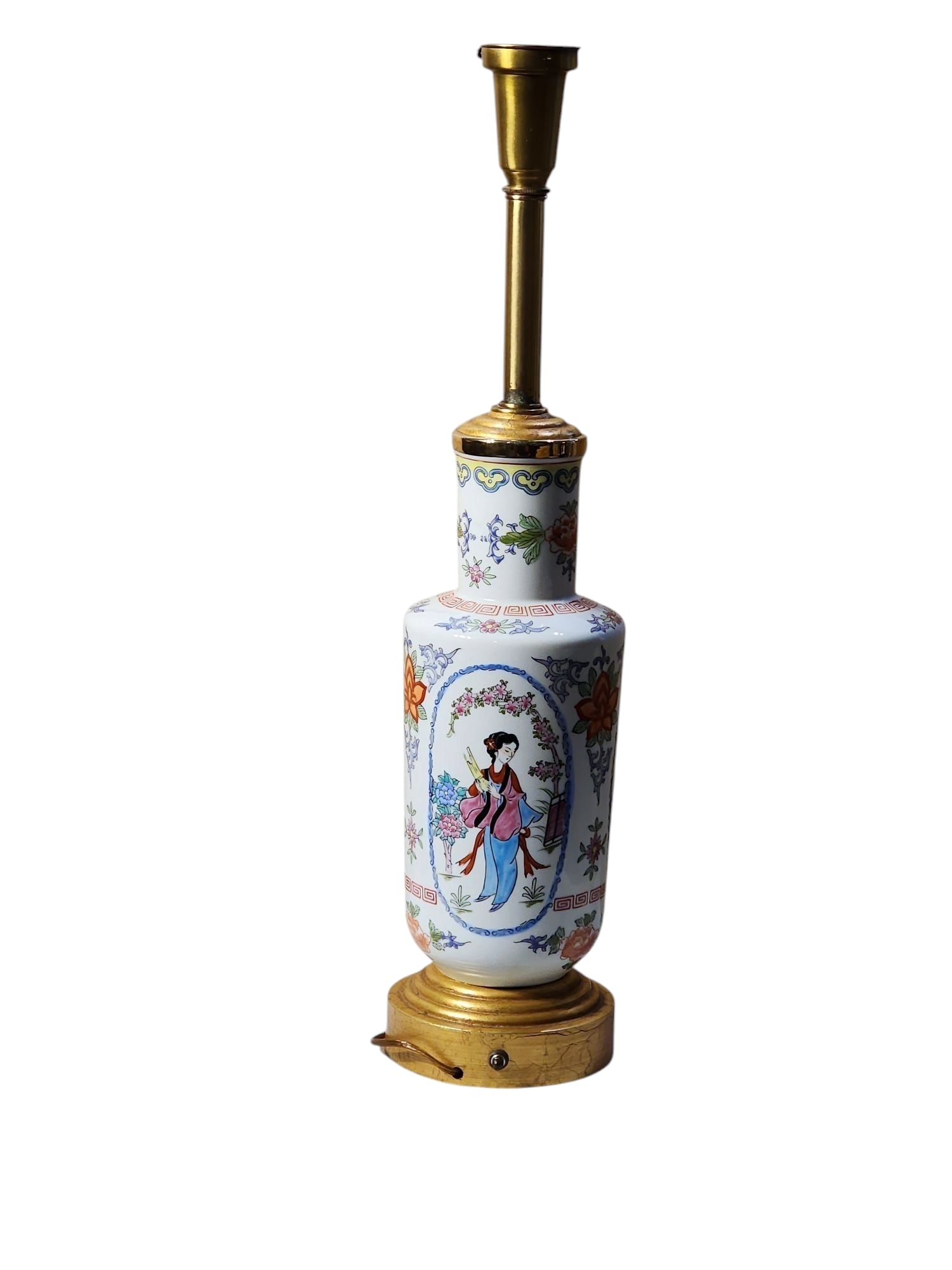 20th Century Chinese Enamel Porcelain and Brass Rouleau Form Lamp: Stunning heavy enameled porcelain Chinese rouleau form vase lamp with brass base and neck, glass upshade, in excellent working condition.Wucai style decoration, floral embellishment, with female form