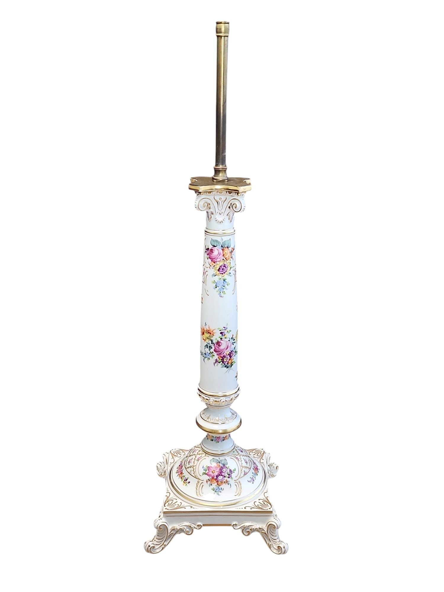 1890 Potschappel Dresden Porcelain Lamp by Carl Thieme: Remarkable high quality porcelain Dresden lamp by Carl Thieme of Potschappel, Germany - circa 1890.Heavily gilded throughout, floral spray motif, atypical of the Dresden porcelain of the period, and i