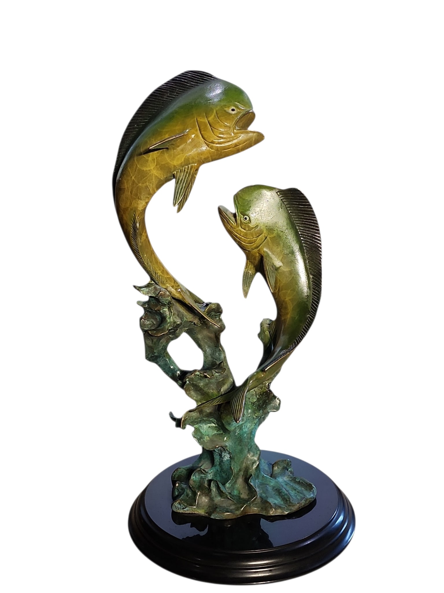 Vintage San Pacific International Double Dorado Bronze Large Sculpture: Superb condition vintage San Pacific International sculpture of two dorado, part of their original Mahi-Mahi collection.Hand cast brass with bronze finish, on wooden plinth, makers label present to un