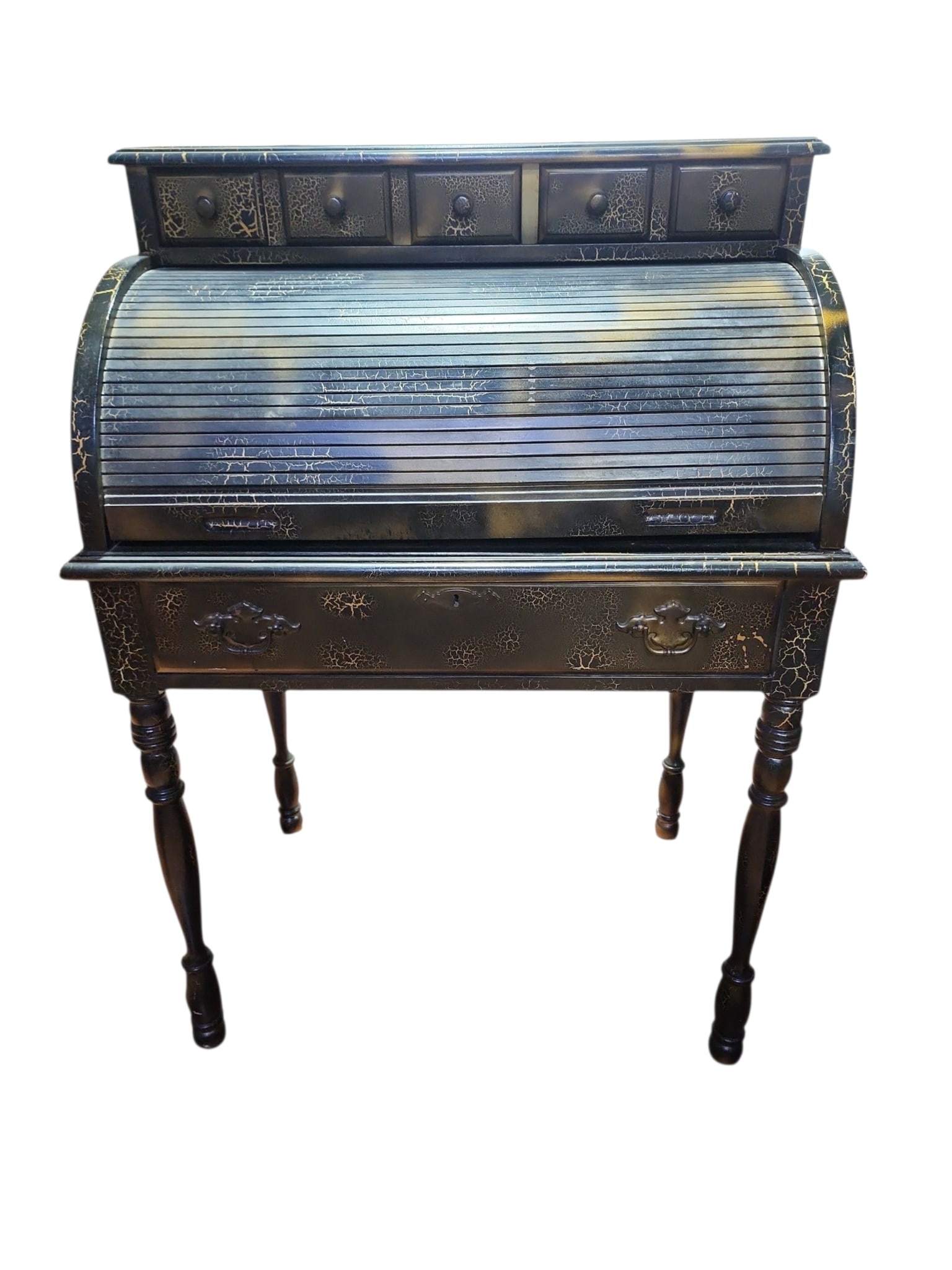 Vintage Crackle Finish Tambour Rolltop Desk: Super early 20th century tambour roll top desk redone in black and gold crackle finish, in excellent condition.Two drawers to top above tambour rolltop, two interior drawers, and one large central dra