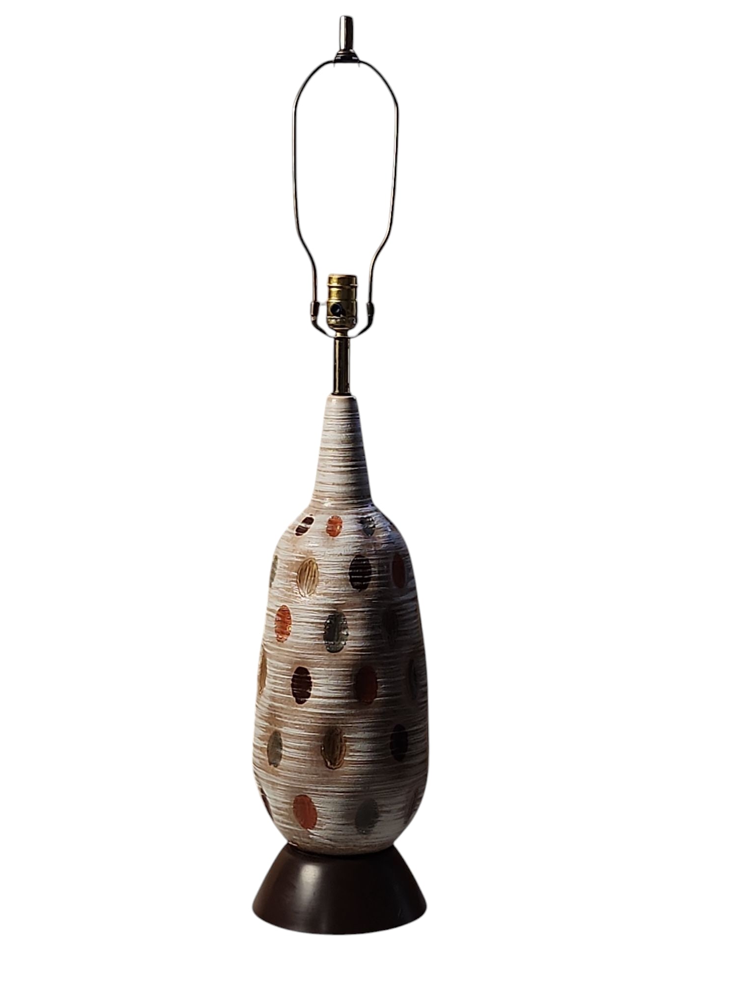 Mid Century Modern Fortune Lamp Company Tall Ceramic Table Lamp With Shade: Unique design mid century modern tall ceramic table lamp, in excellent working condition.Multi color atomic dot pattern, marked X35 to inside of metal base, two tier hard fabric mottled shade, super s