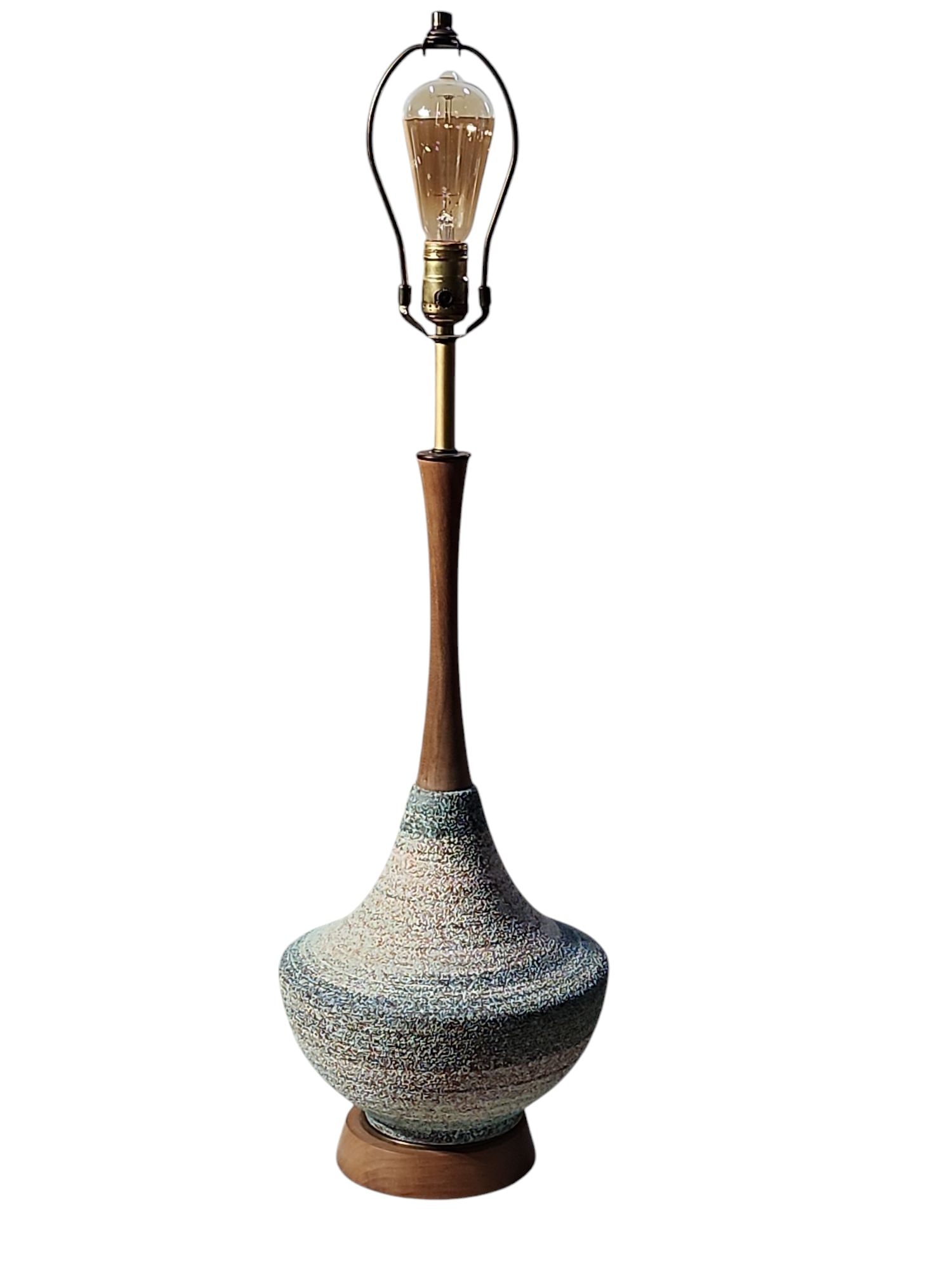 Mid Century Modern Fortune Lamp Company Tall Ceramic Table Lamp With Shade: Unique design mid century modern tall ceramic table lamp, in excellent working condition.Multi color atomic dot pattern, marked X35 to inside of metal base, two tier hard fabric mottled shade, super s