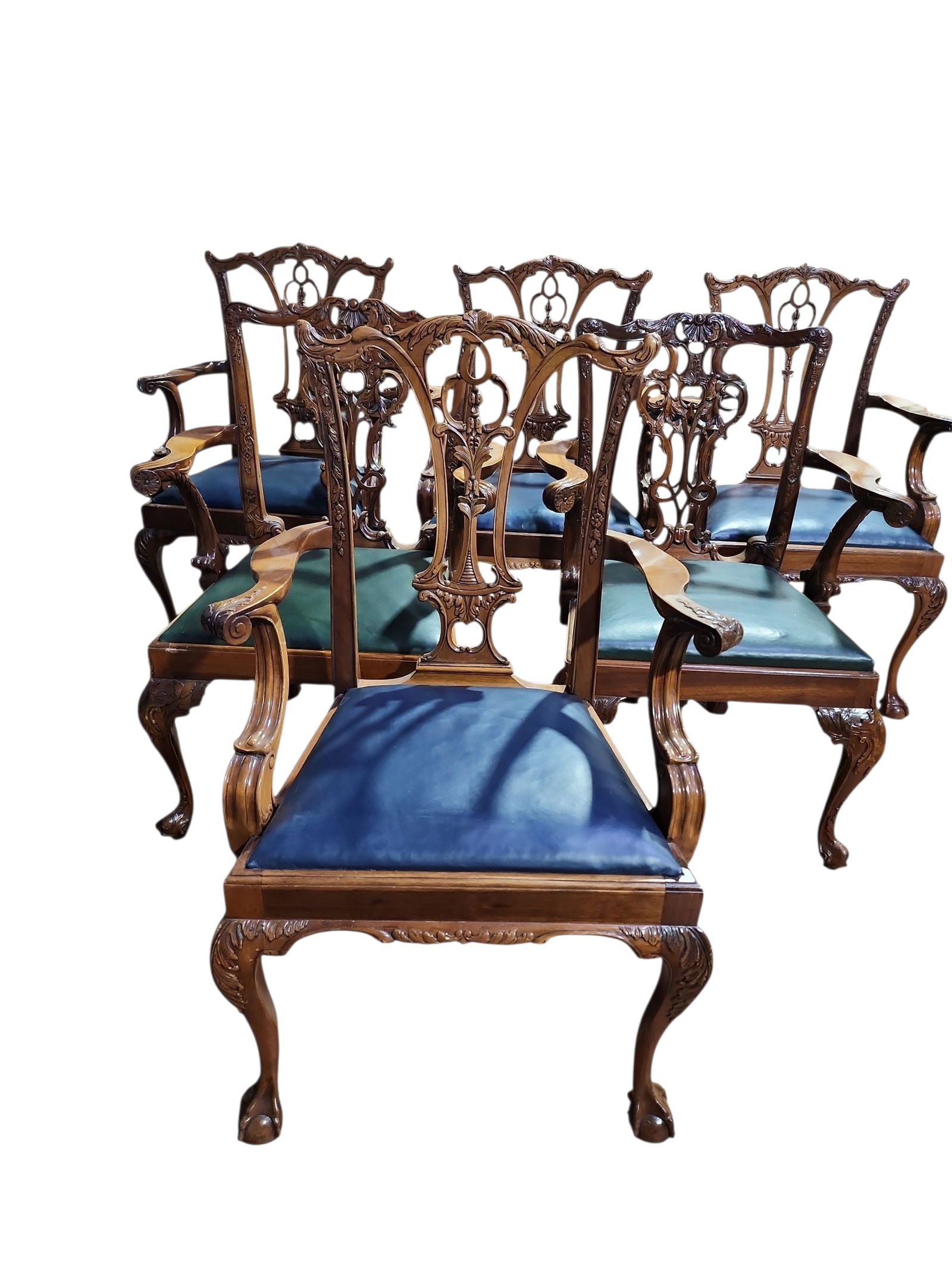 1970s Georgian Furniture Company Mahogany Chippendale Dining Chairs - Set of 6: Beautiful set of Georgian Furniture Company armed dining chairs in the Chippendale style, four with blue leather upholstery and two with green.Made in Seoul Korea, circa 1970s, solid mahogany construc